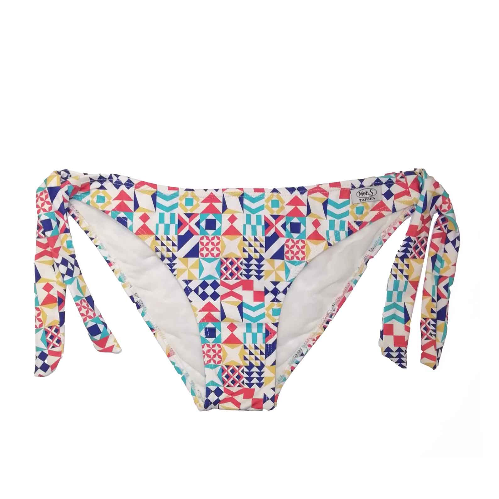 Braga de bikini con lazos laterales y estampado geométrico multicolor, diseñada y confeccionada artesanalmente en Tarifa.
