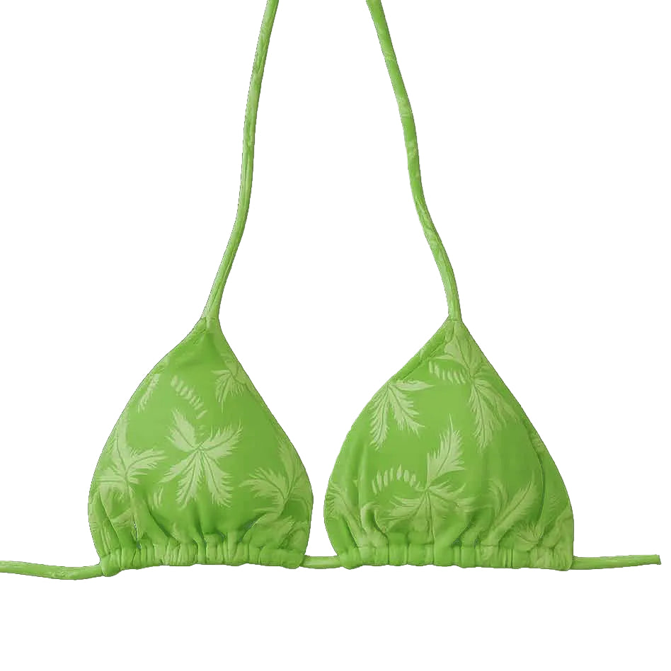 Top de bikini de triángulo tipo cortina en color verde lima con estampado adamascado de palmeras, hecho a mano en Tarifa.