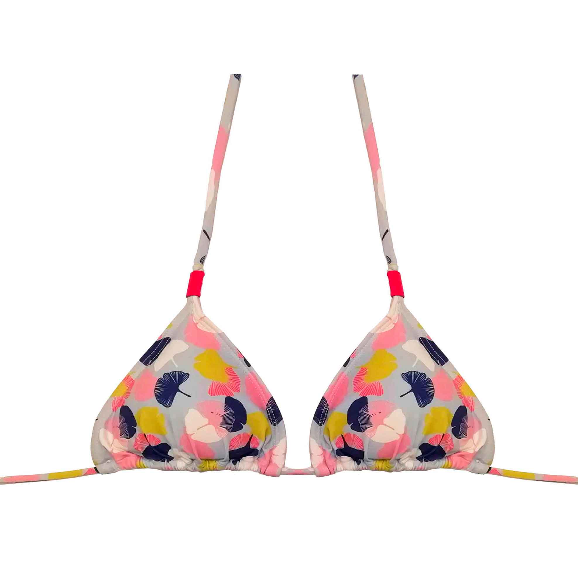 Bikini de triángulo y braga de lazos con estampado de hojas en tonos azul claro, rosa y lima.