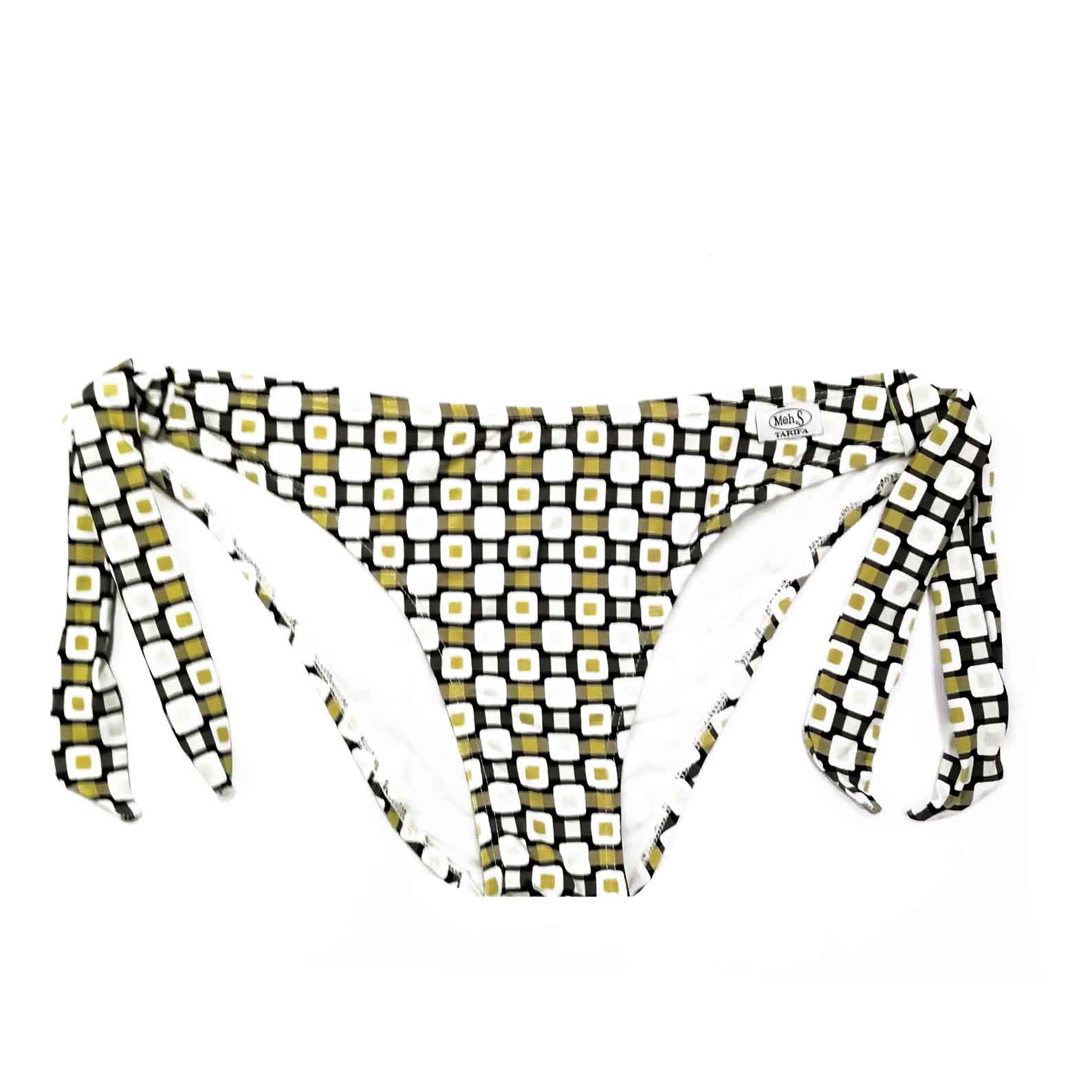 Braguita de bikini con lazos laterales y estampado geométrico en amarillo, negro y blanco, confeccionada a mano en Tarifa.