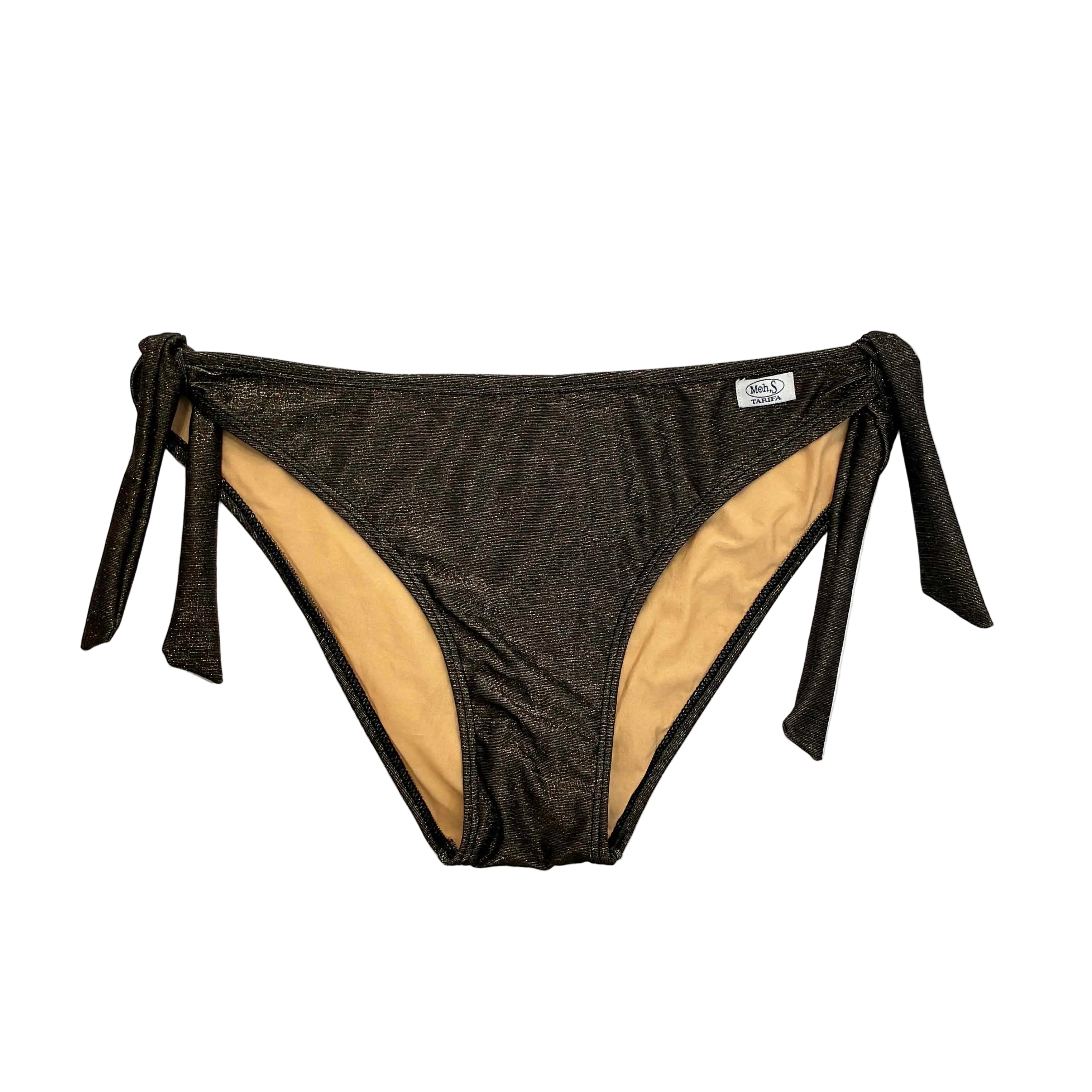 Braga de bikini artesanal en tejido lúrex brillante color bronce con cierre de lazos laterales.