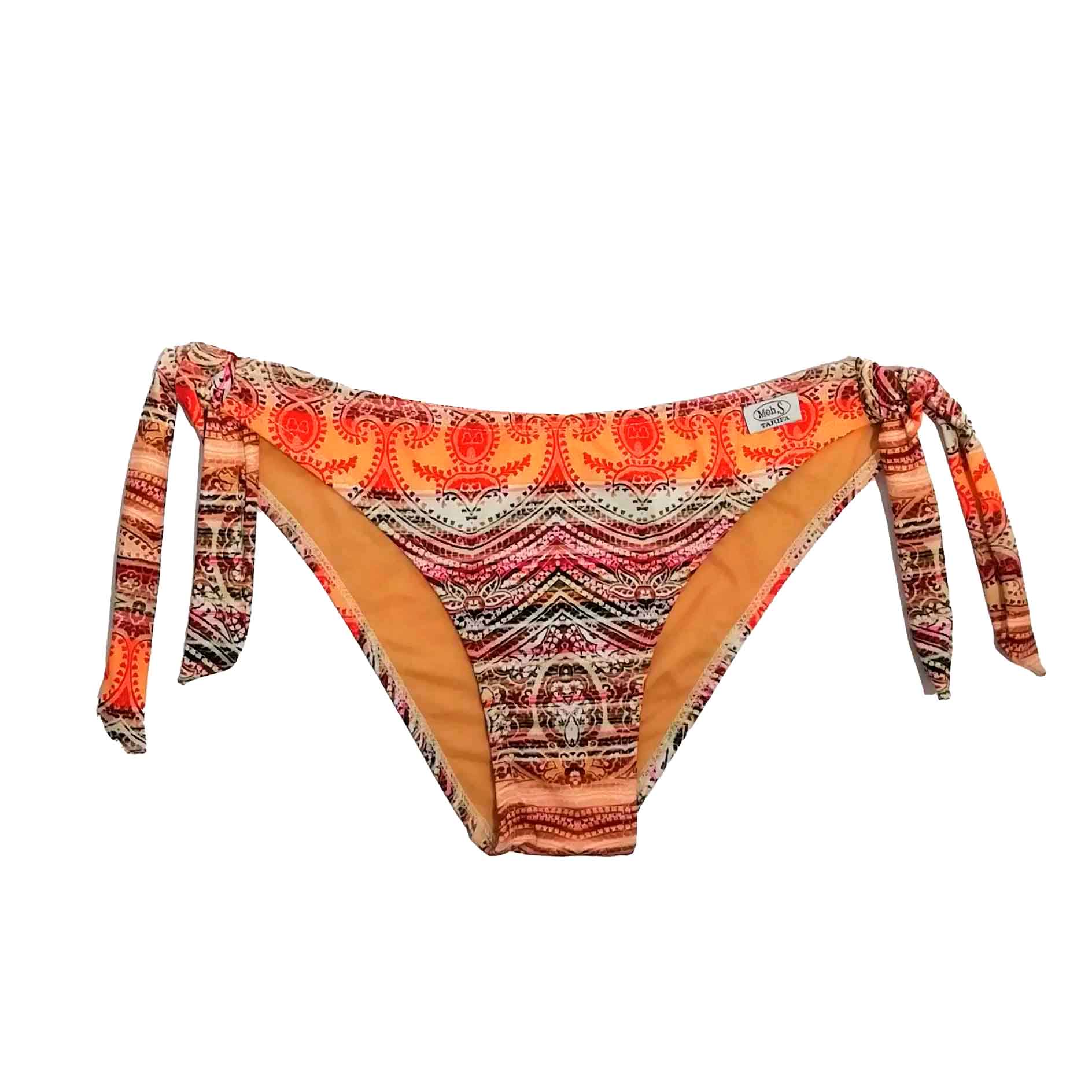Braga de bikini básica con lazos laterales y estampado cachemire en tonos marrón y naranja, hecha a mano en Tarifa