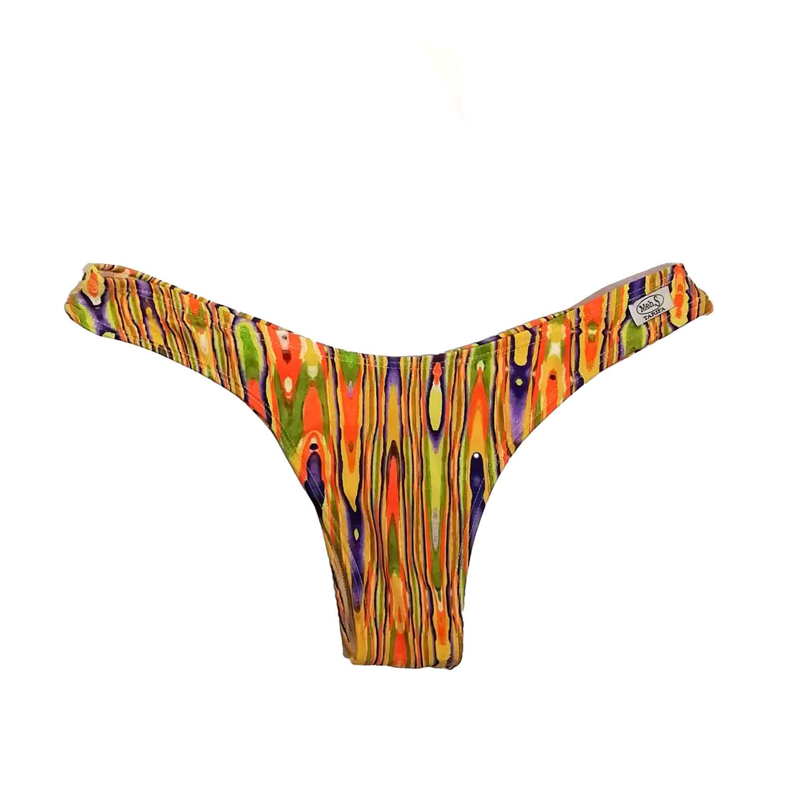 Braga de bikini brasileña en forma de V mini con estampado psicodélico naranja y verde, hecha a mano en Tarifa.