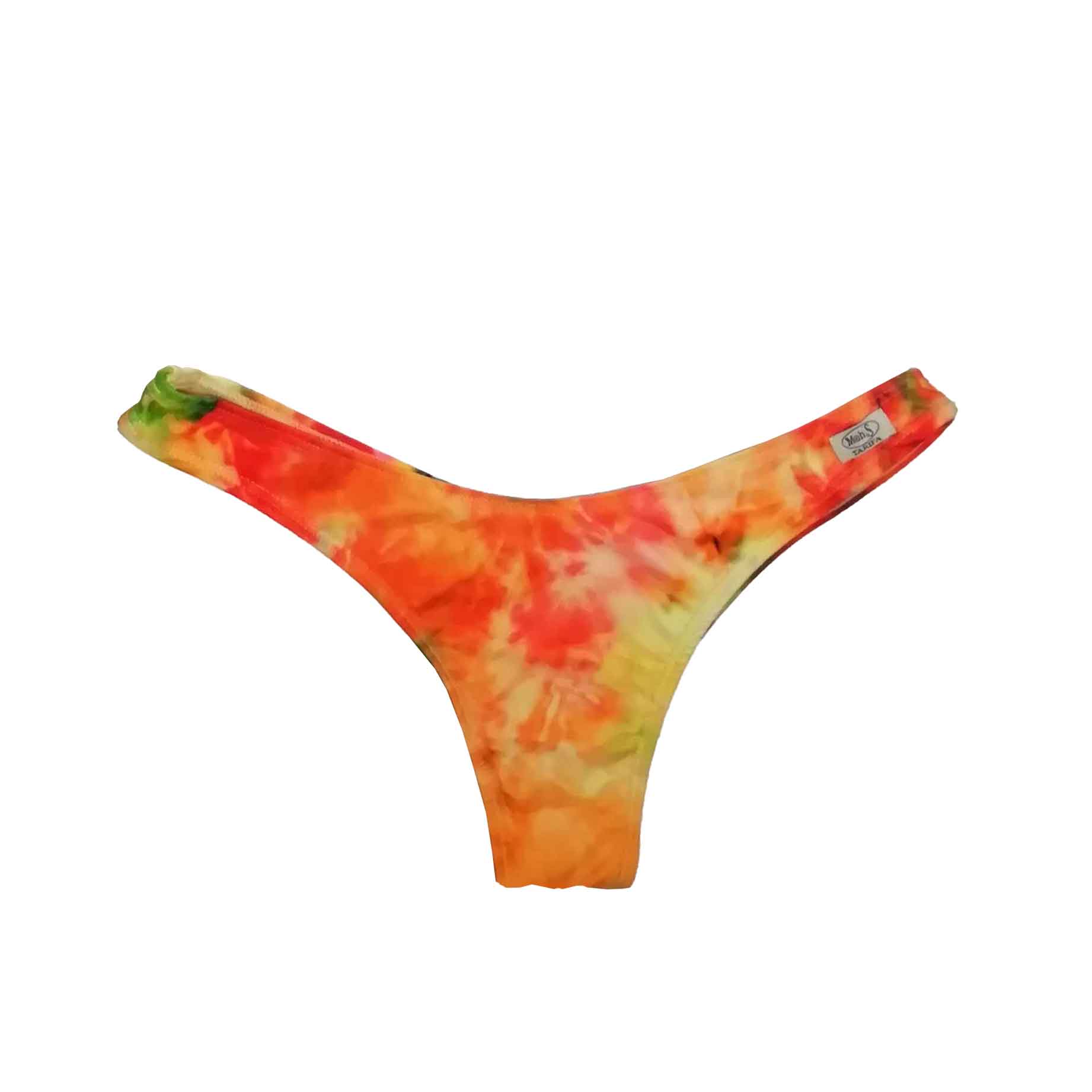Braga de bikini brasileña con corte en V y estampado tie-dye naranja y verde, hecha a mano en Tarifa.