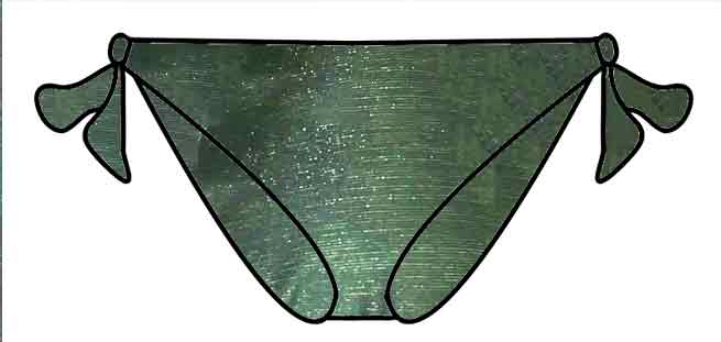 Braga de bikini con lazos laterales ajustable en tejido lurex color verde, confección artesanal.
