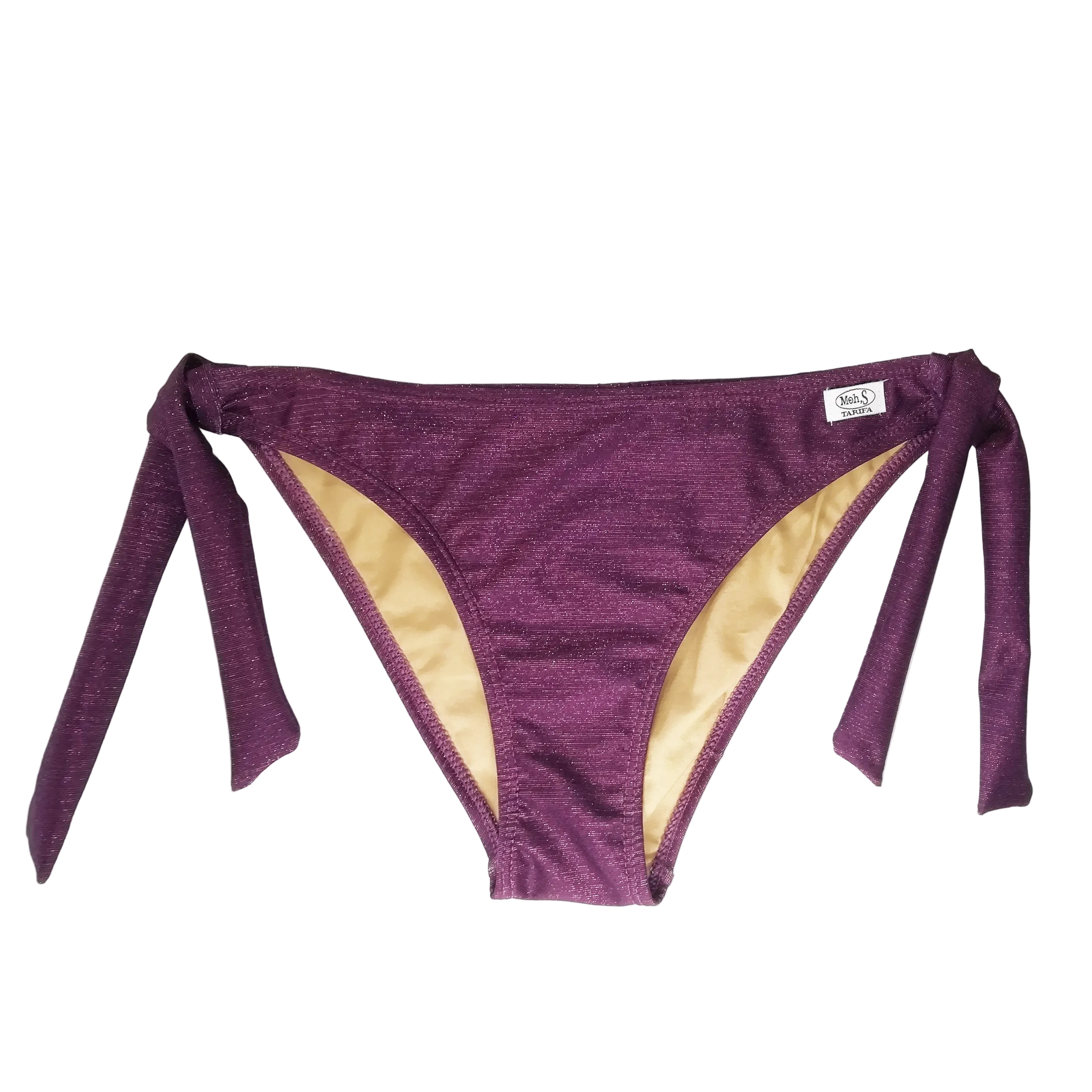 Braga de bikini con lazos laterales ajustable en tejido lurex color berenjena, confección artesanal.