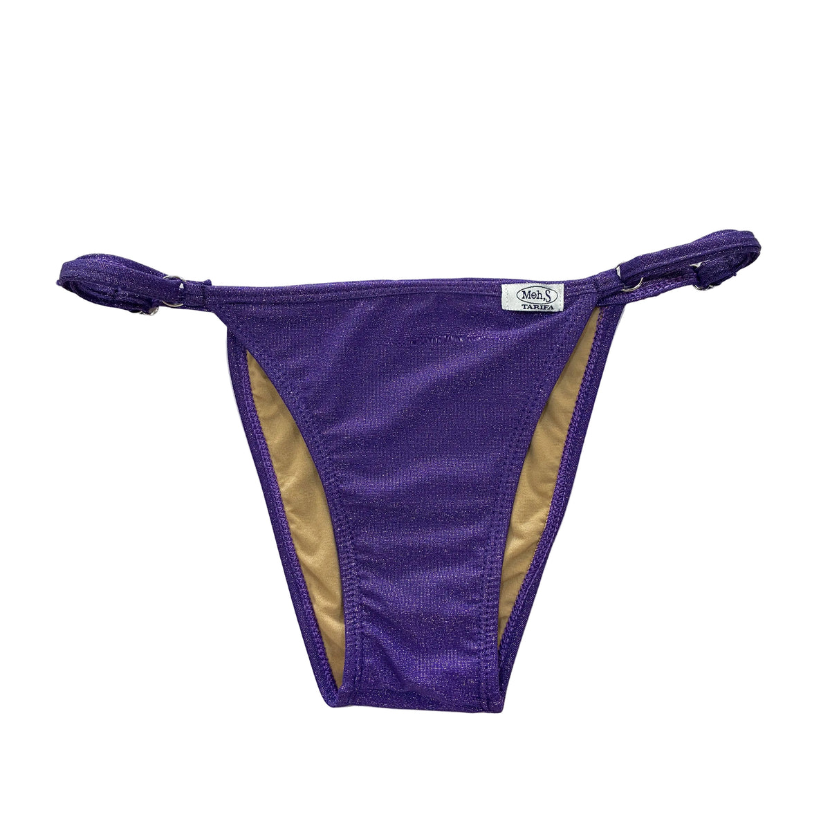 Braga de bikini mini regulable en tejido brillante color violeta lúrex con tiras laterales ajustables y etiqueta distintiva de la marca.