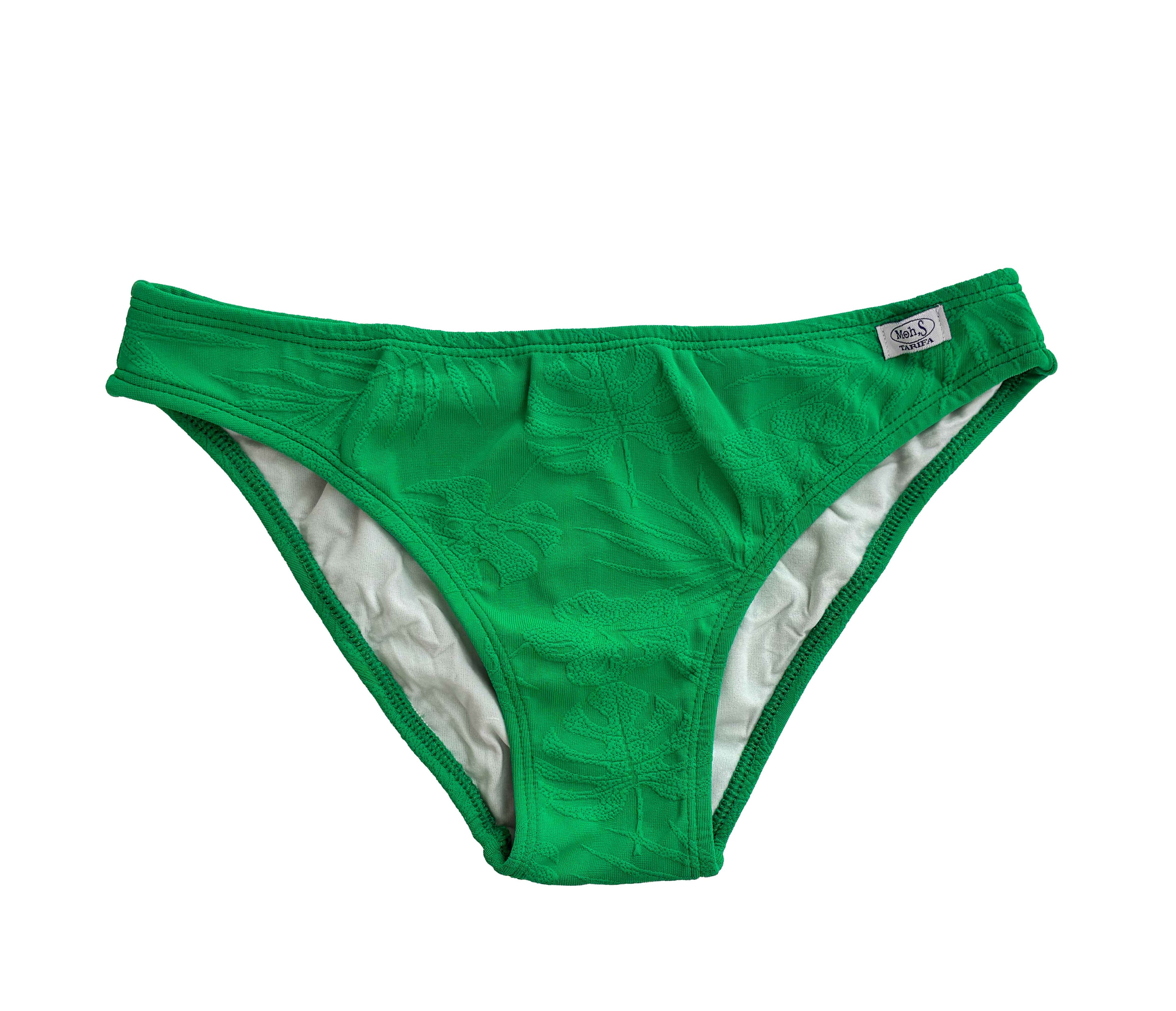Braguita de bikini básica en color verde esmeralda con tejido de palmeras en relieve, confeccionada artesanalmente en Tarifa.