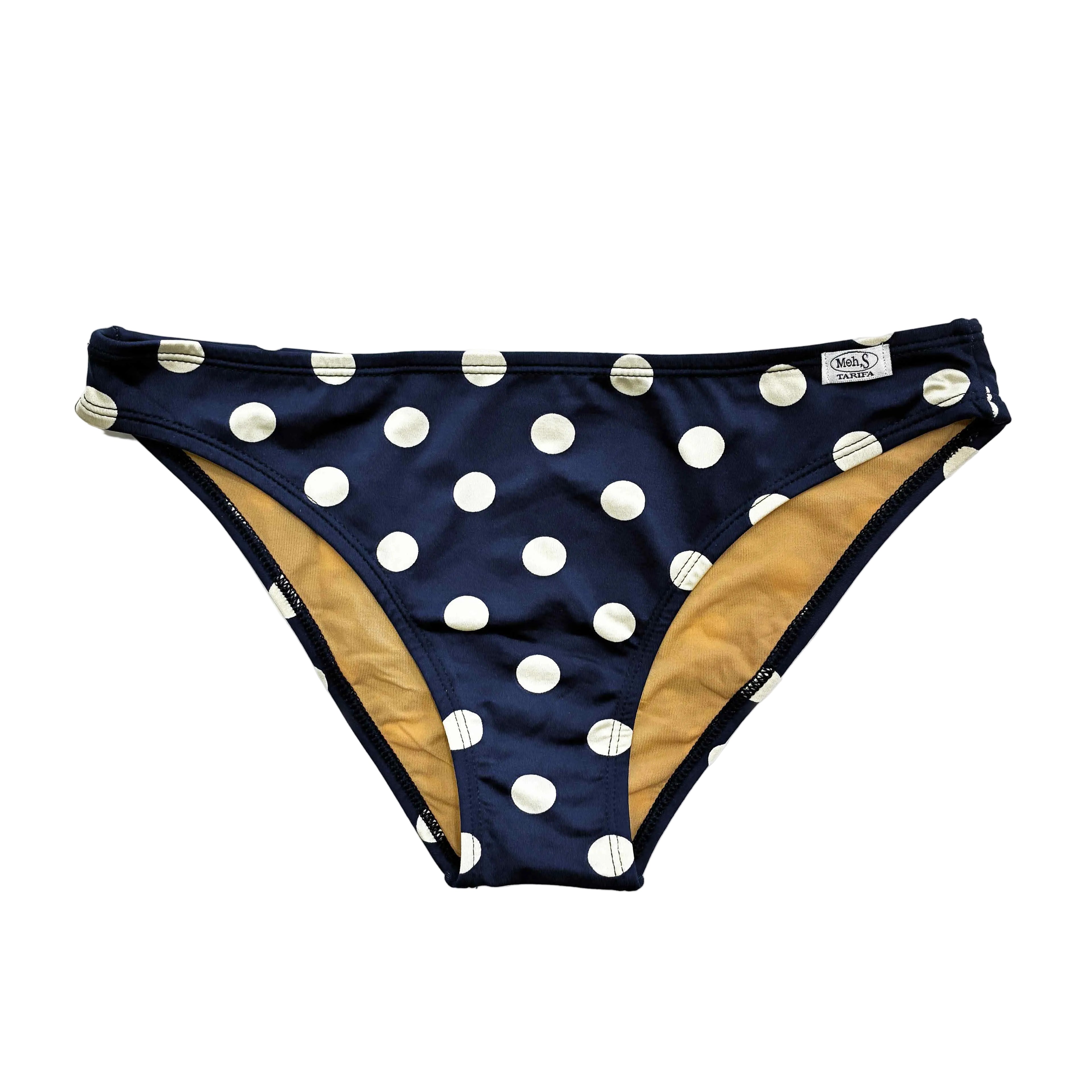 Braga de bikini juvenil de color azul marino y lunares blancos, fabricado en Tarifa.
