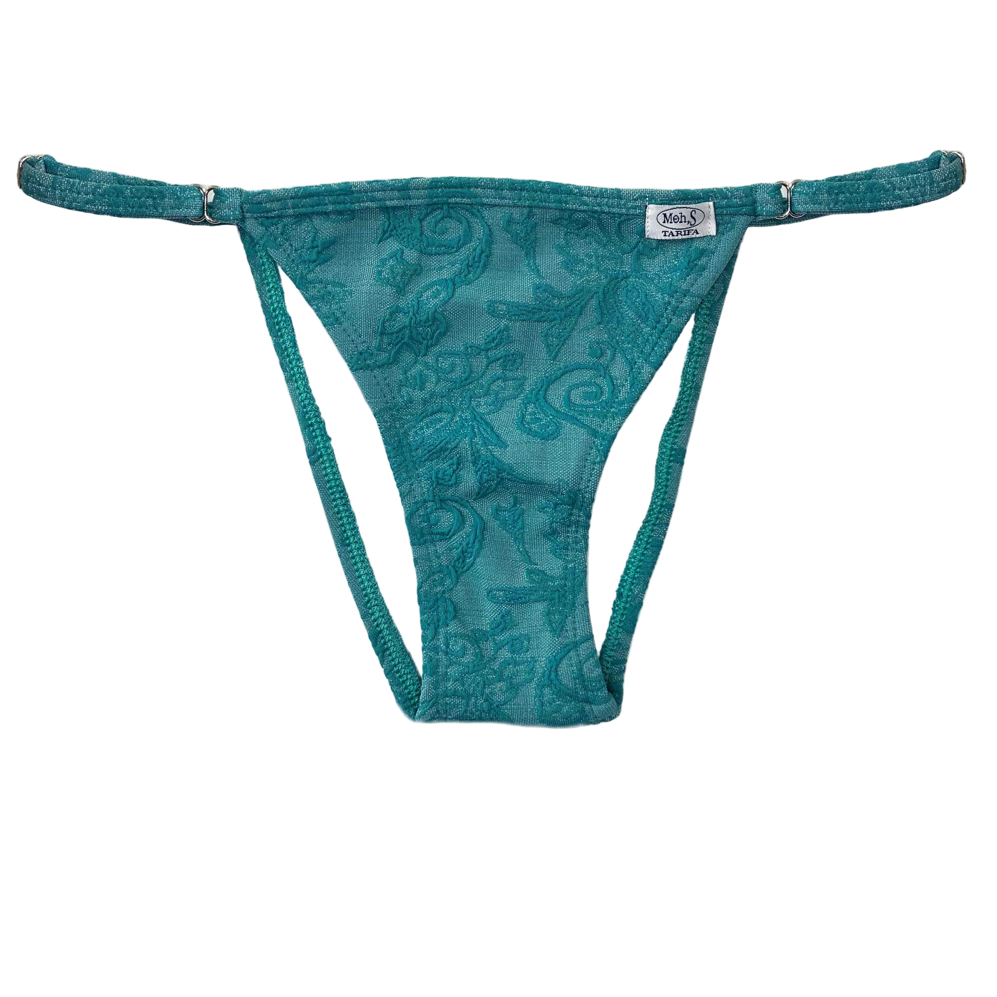 Braga de bikini regulable con textura de encaje en color turquesa, confección artesanal.