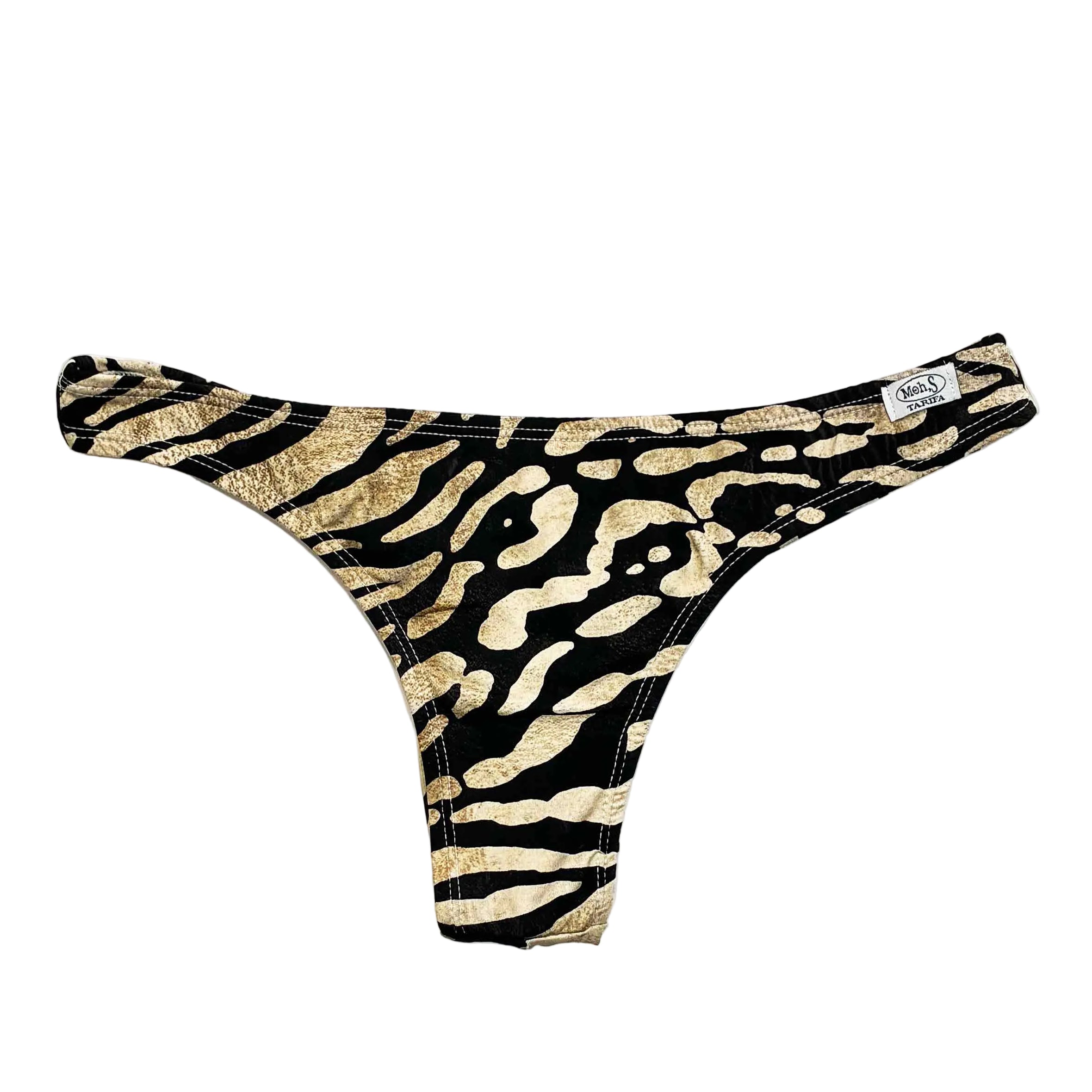Semitanga de bikini artesanal con estampado de cebra, hecha en España por Moh,S.