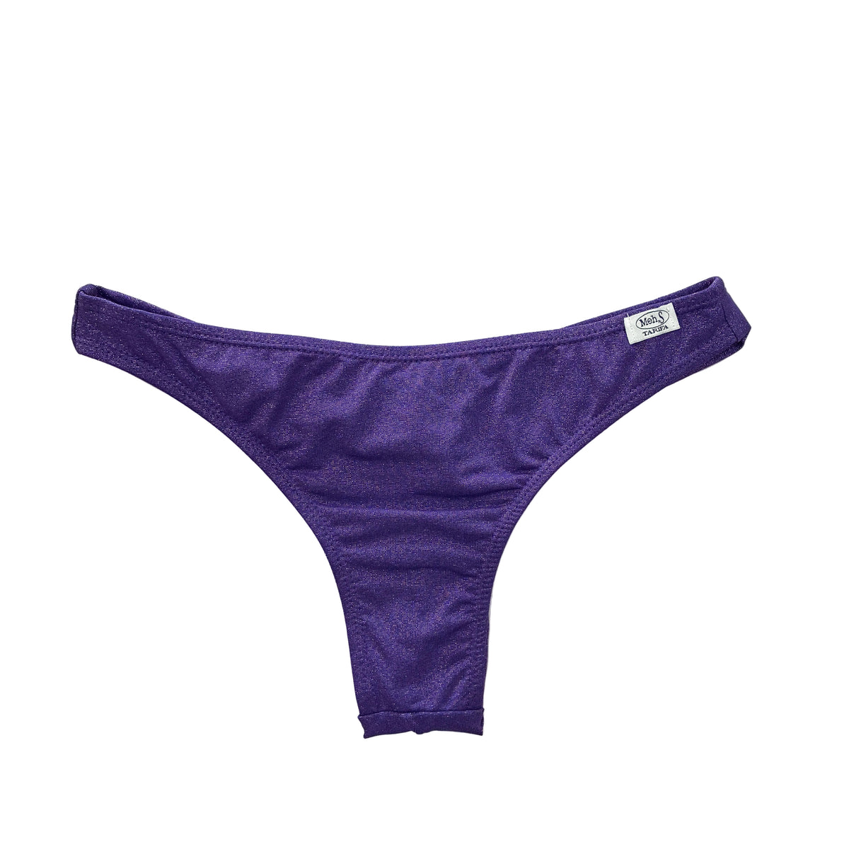 Braga de bikini semitanga violeta brillante de lúrex con diseño minimalista y etiqueta de la marca Tarifa
