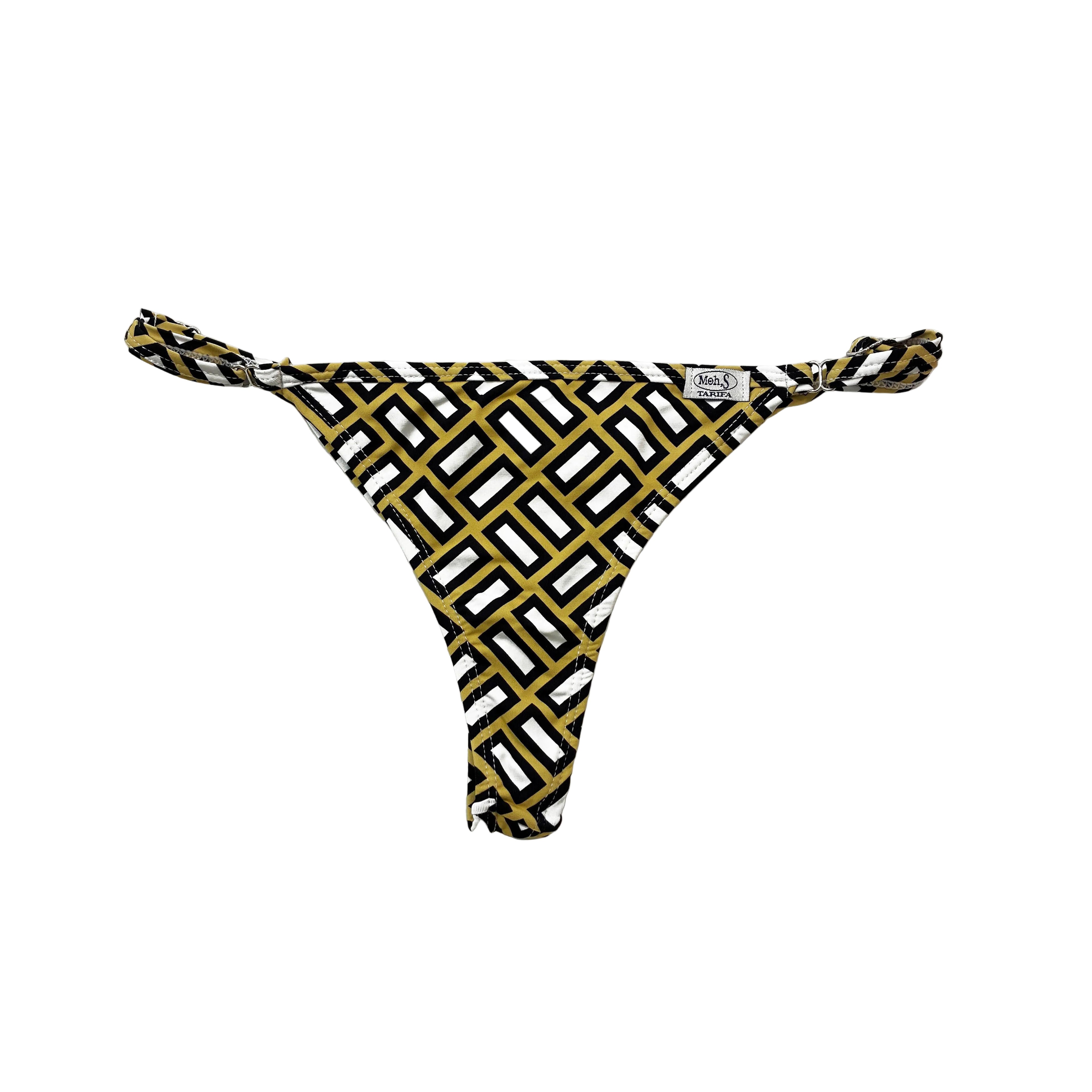 Braga de bikini tipo tanga regulable con estampado geométrico en tonos amarillo, negro y blanco, diseño artesanal Moh,S.
