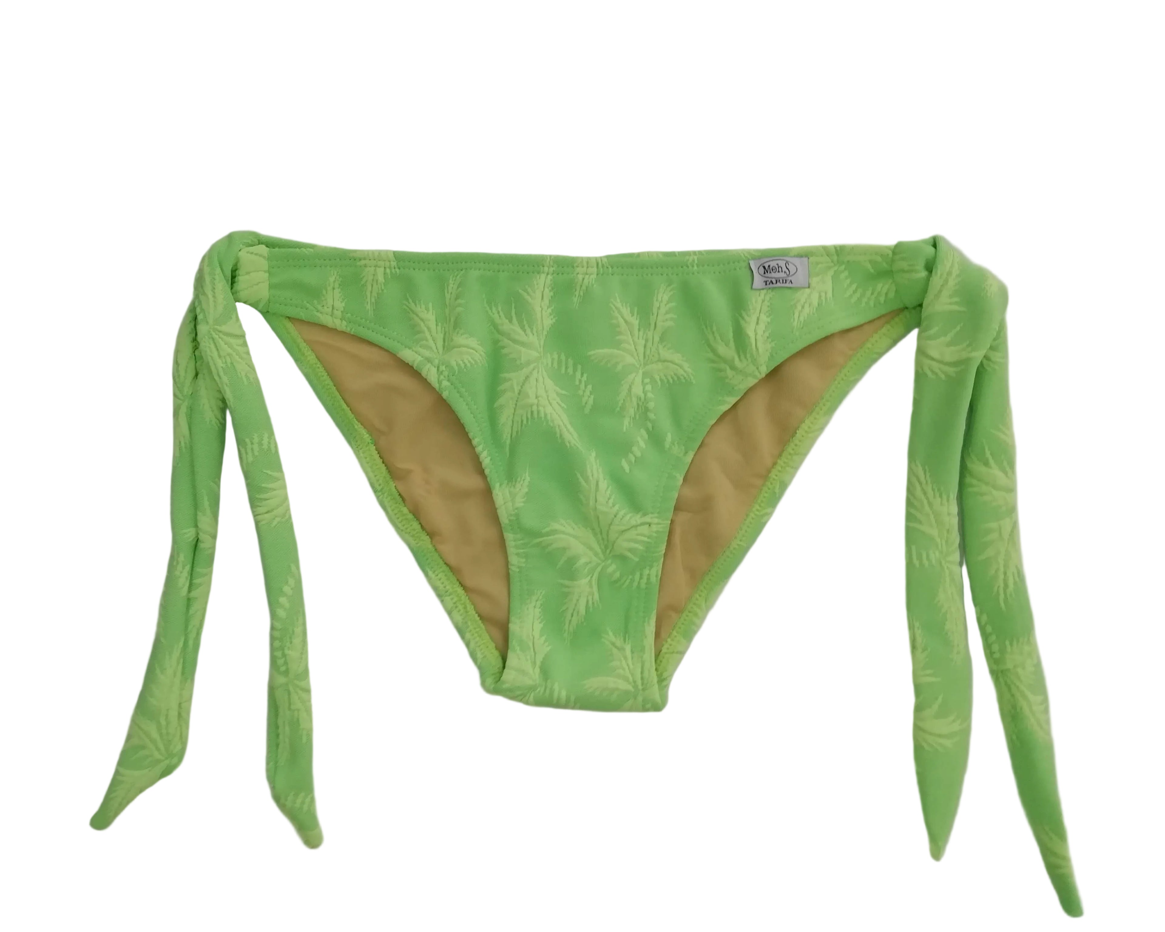 Braga de bikini en color verde lima con textura de hojas de palmera, colección de bikinis de Tarifa, hecho artesanalmente.