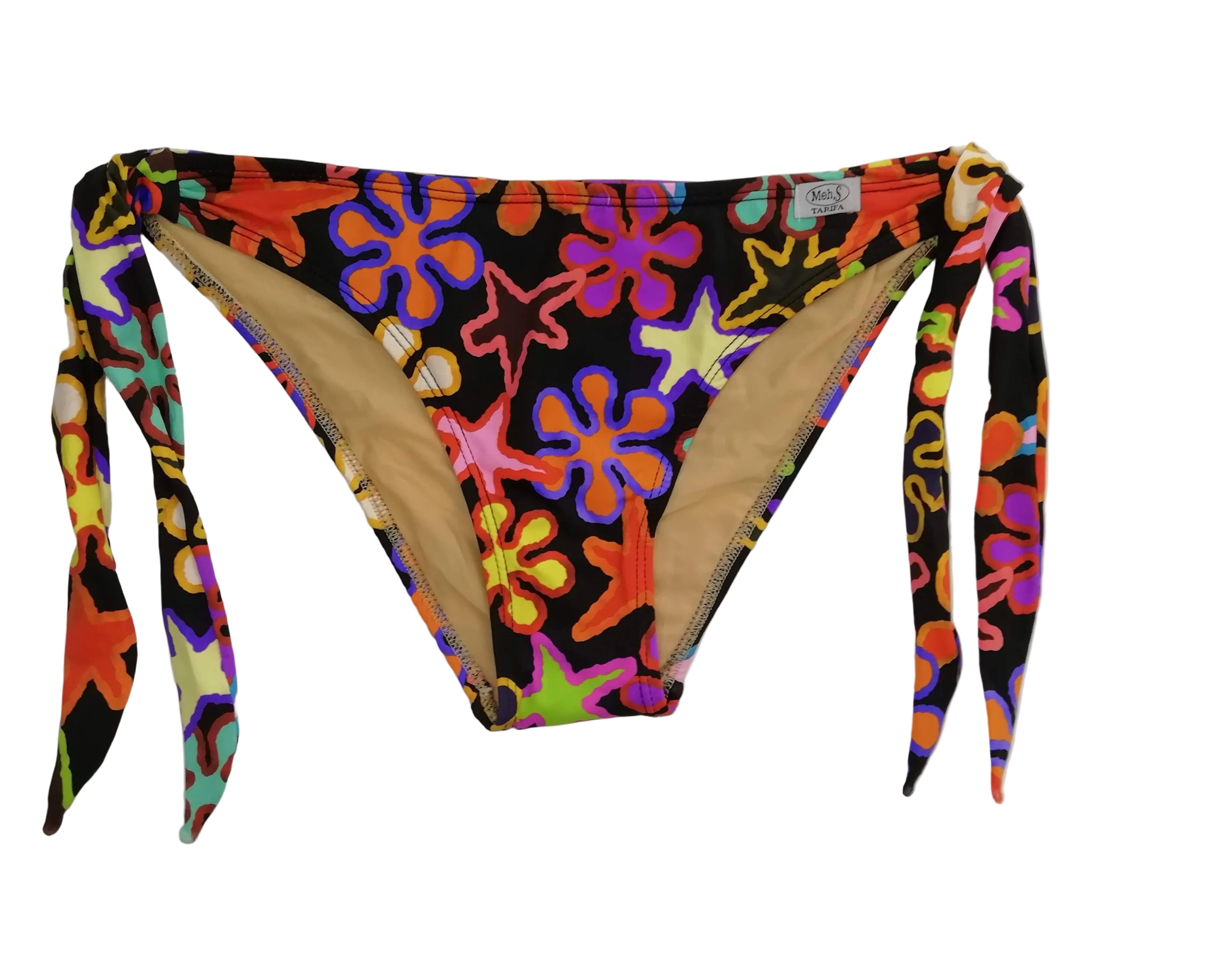 Braga de bikini artesanal de tarifa modelo atado con lazo estampado floral Pop sobre fondo negro