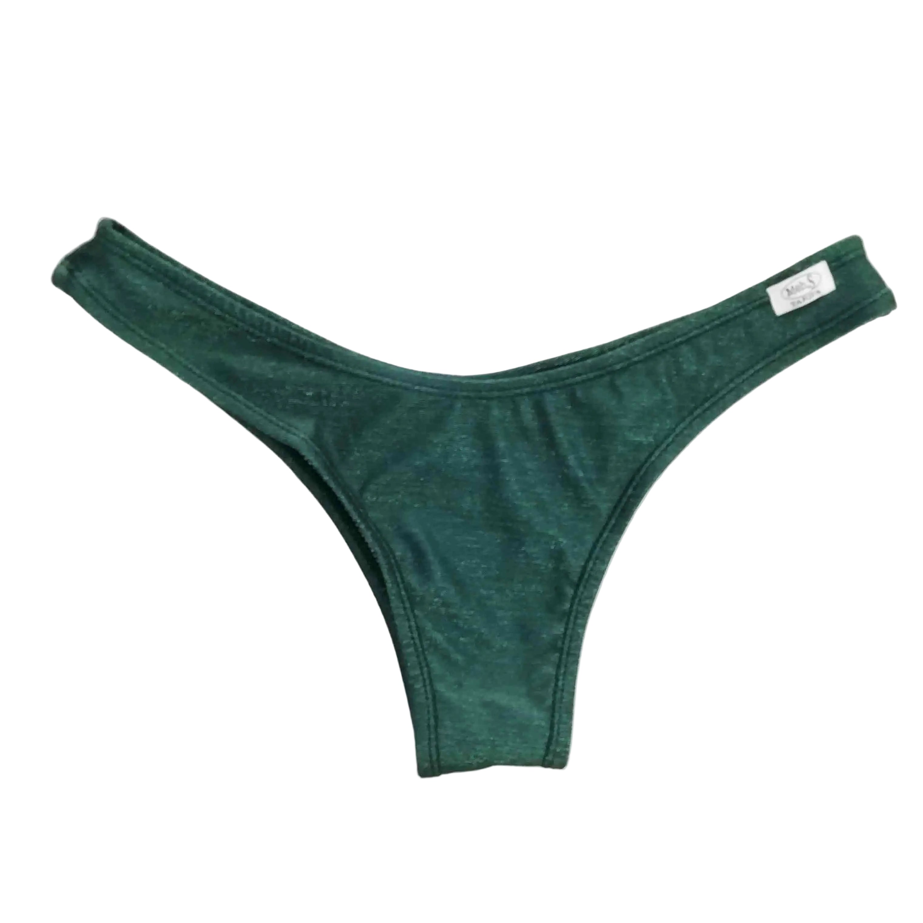 Braga de bikini brasileña con corte en V y talle alto, confeccionada en tejido lurex color esmeralda con brillo sutil.