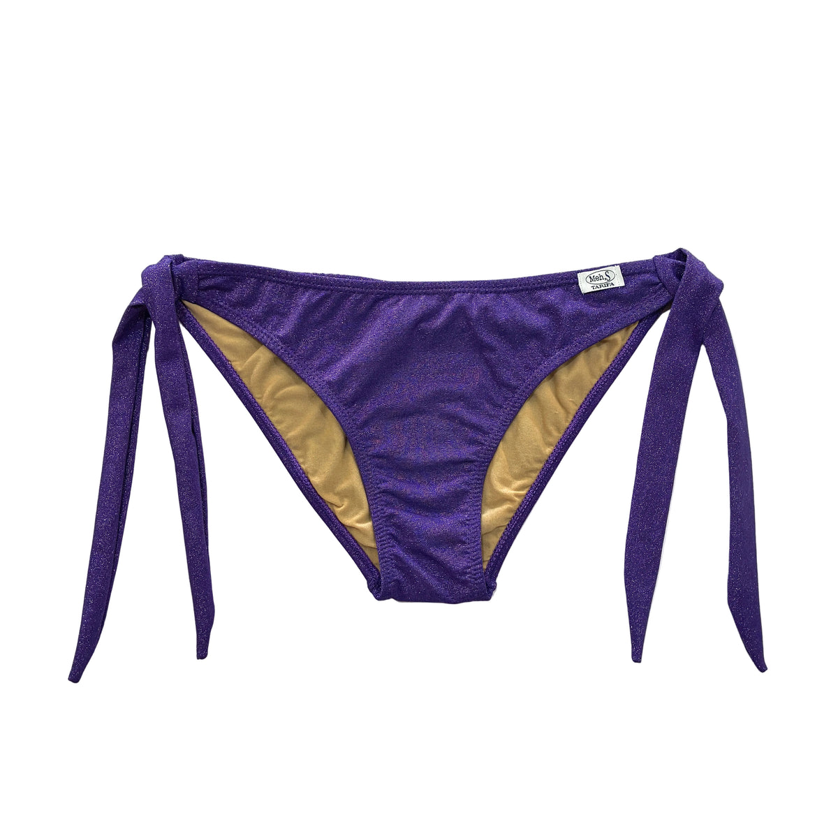 Braga de bikini violeta brillante de lúrex con lazadas laterales ajustable y etiqueta de la marca Tarifa