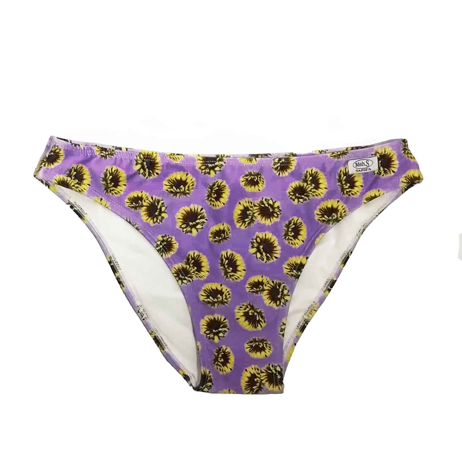 Braguita de bikini con estampado de girasoles sobre fondo morado, confeccionada artesanalmente en Tarifa.