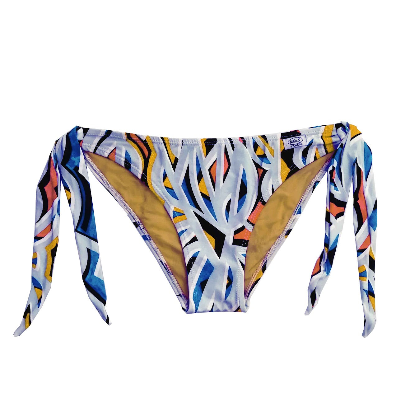 Braguita de bikini básica con lazos laterales ajustables y estampado geométrico en tonos azules, naranjas y amarillos.