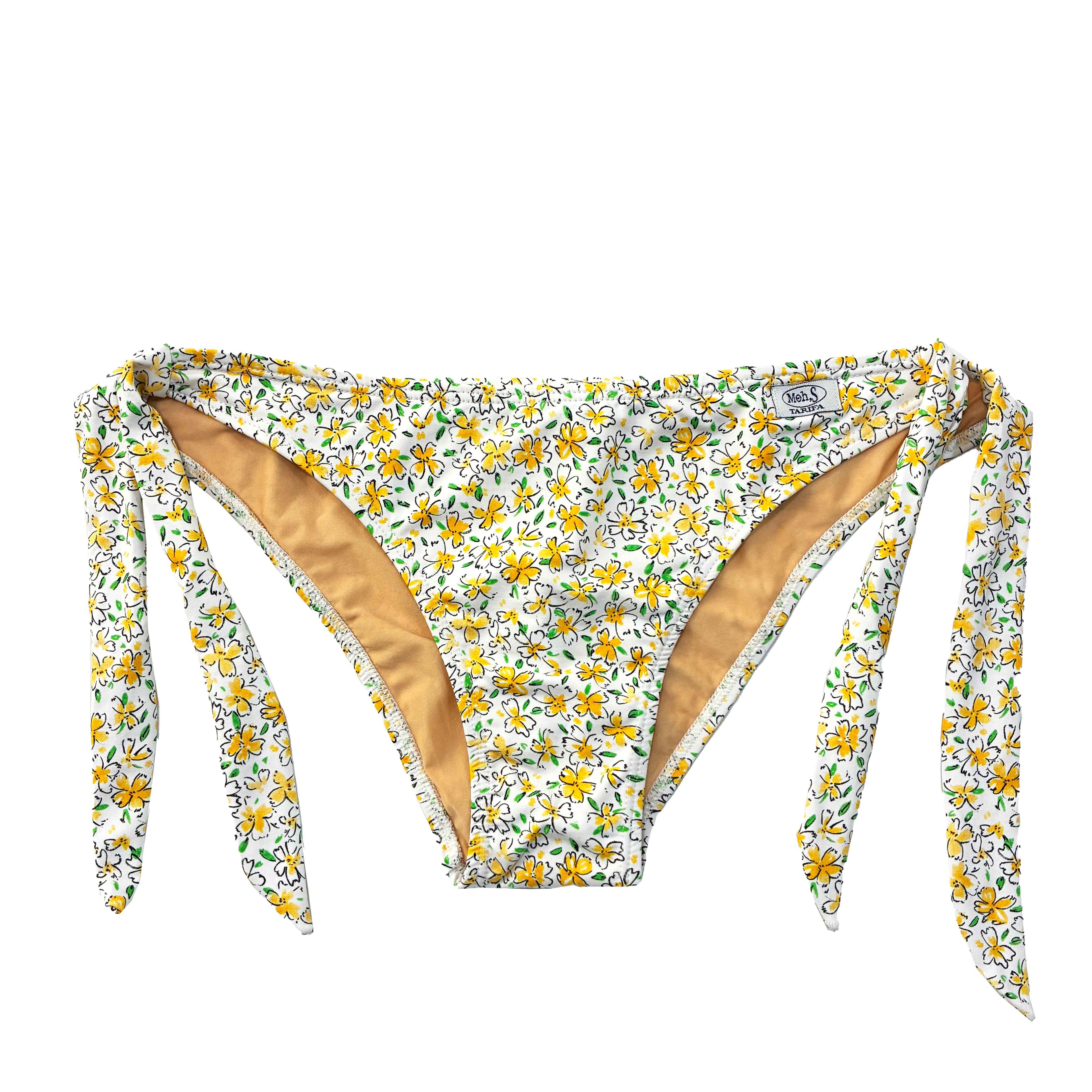 Braguita de bikini ajustable con lazos laterales y estampado de flores amarillas, confeccionada a mano.