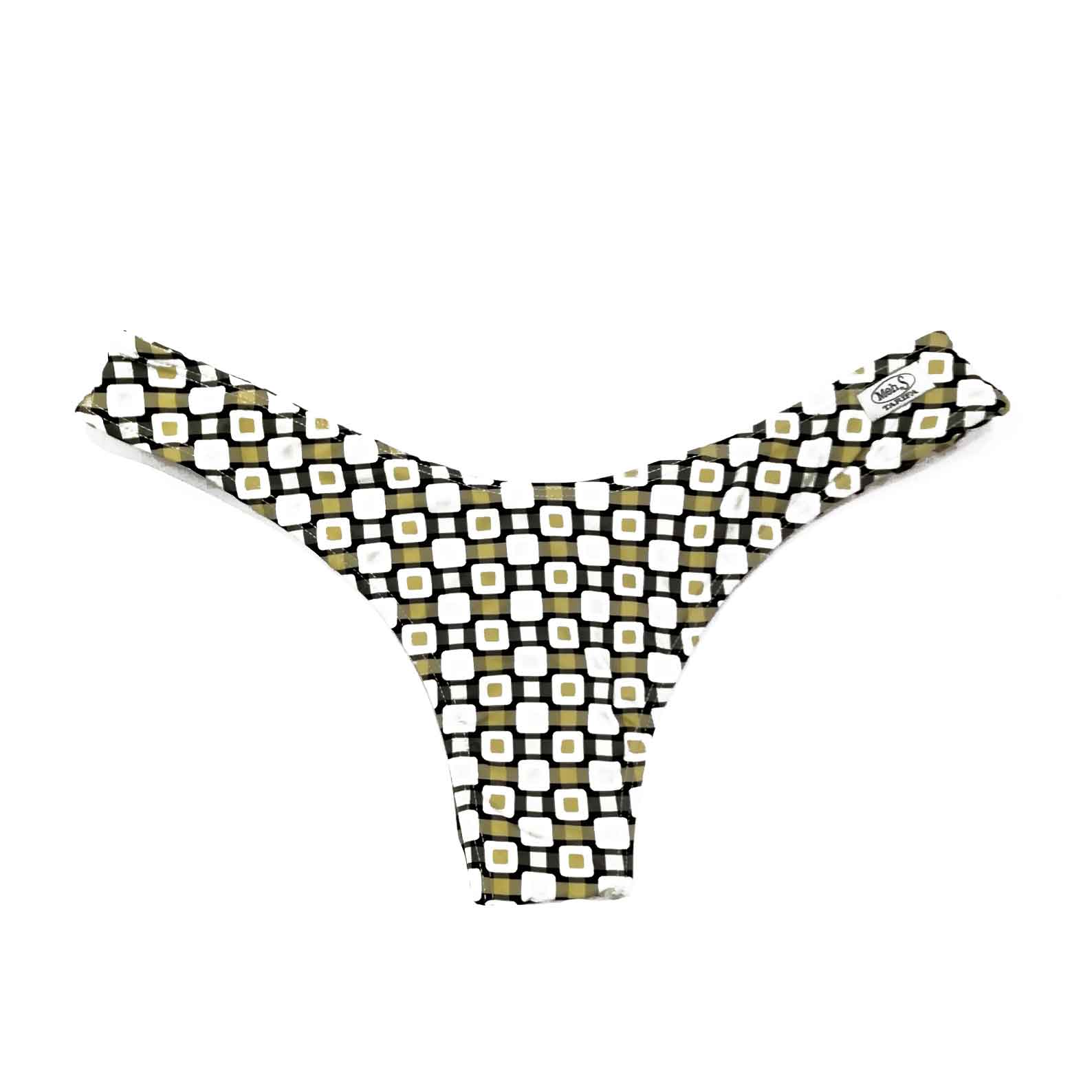 Braguita de bikini mini brasileña con corte frontal en V y estampado de cuadros amarillos y negros, artesanal de Tarifa.