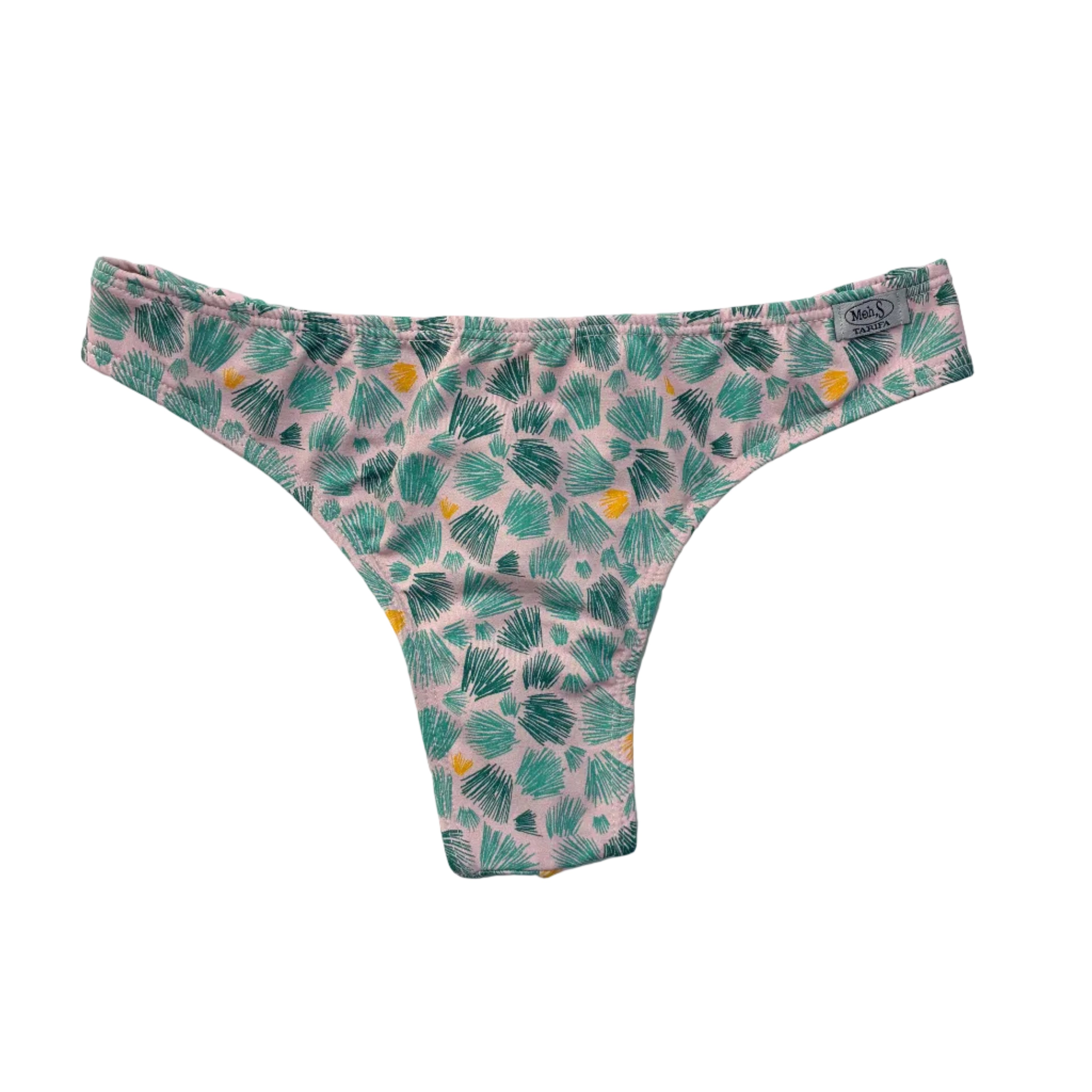 Braga brasileña modelo semitanga estampado hojas verdes sobre rosa, fabricado en Tarifa