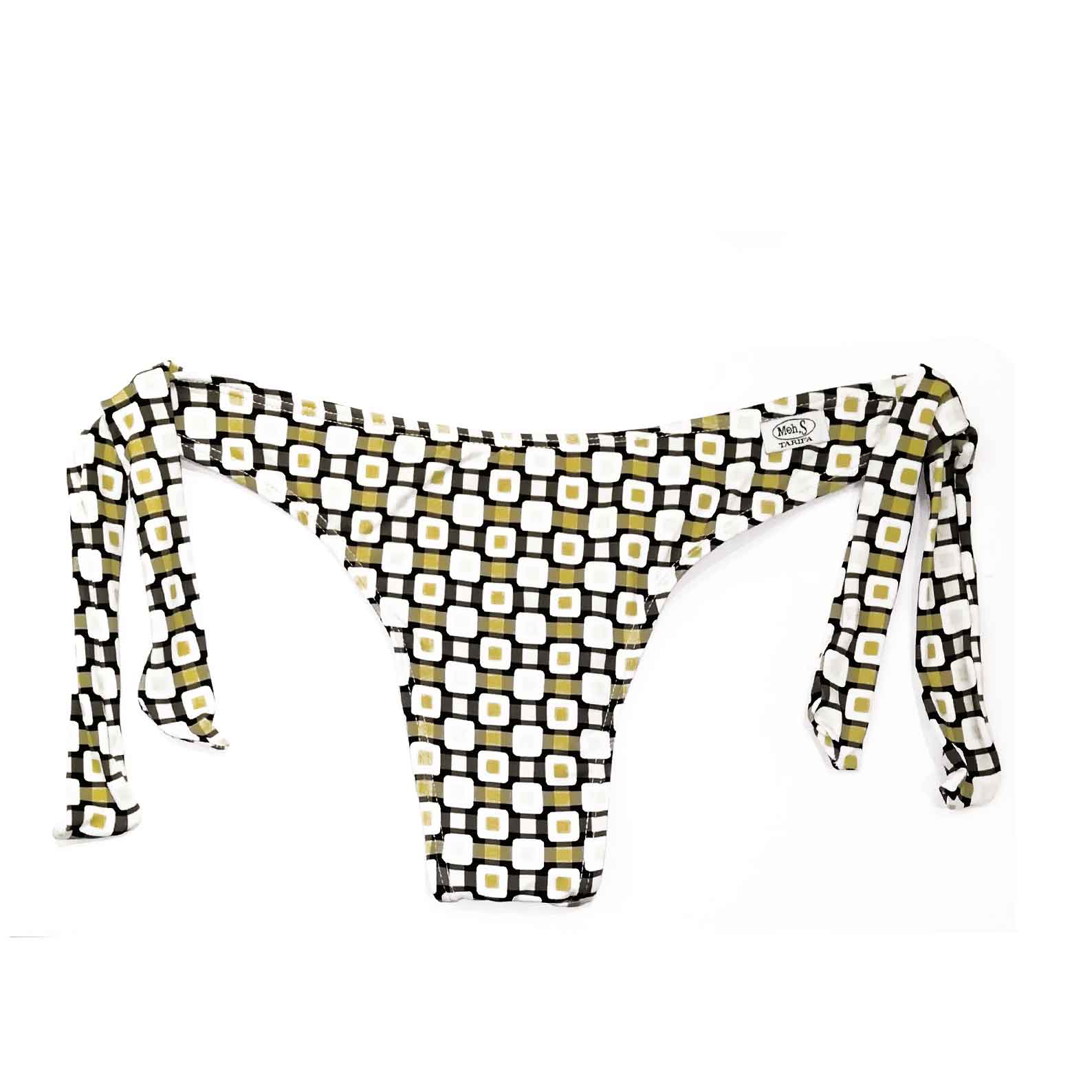 Braguita de bikini semitanga con lazos laterales, costura central trasera y estampado de cuadros amarillos y negros, hecha a mano en Tarifa.