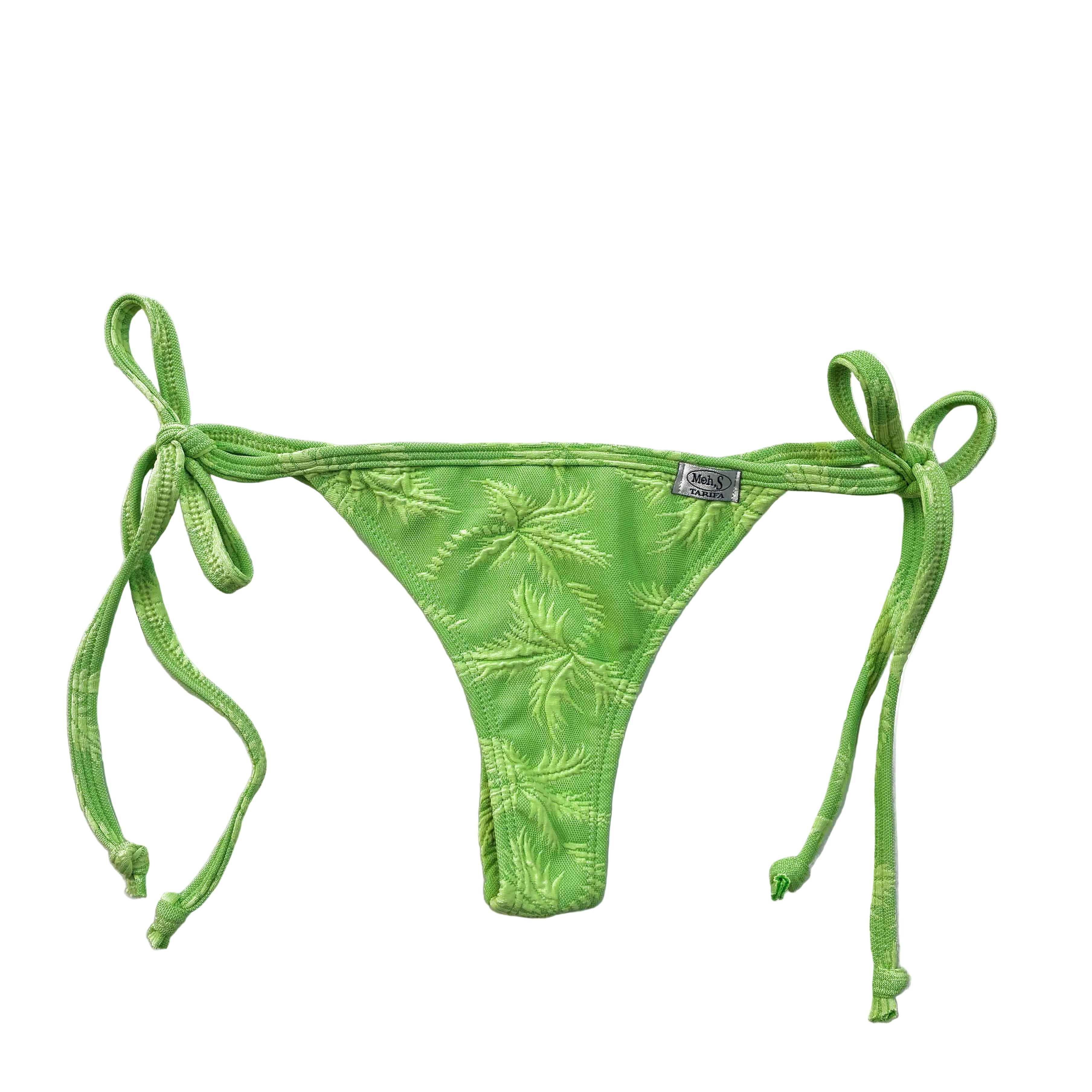 Braga de tanga atada con tiras confeccionada conlycra verde Lima con textura de hojas de palmera