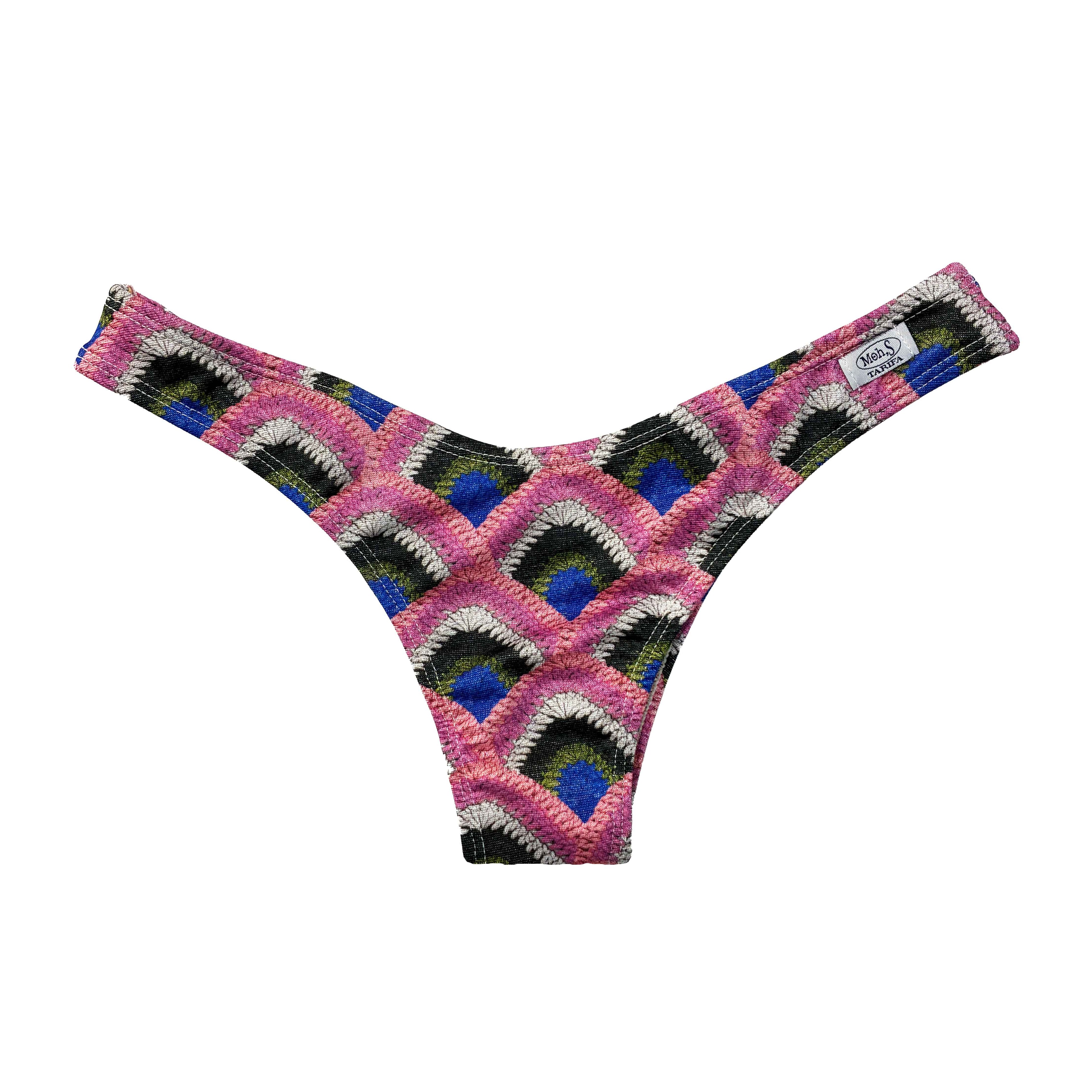 Braga brasileña de bikini en forma de V estampado crochet con lycra brillante rosa