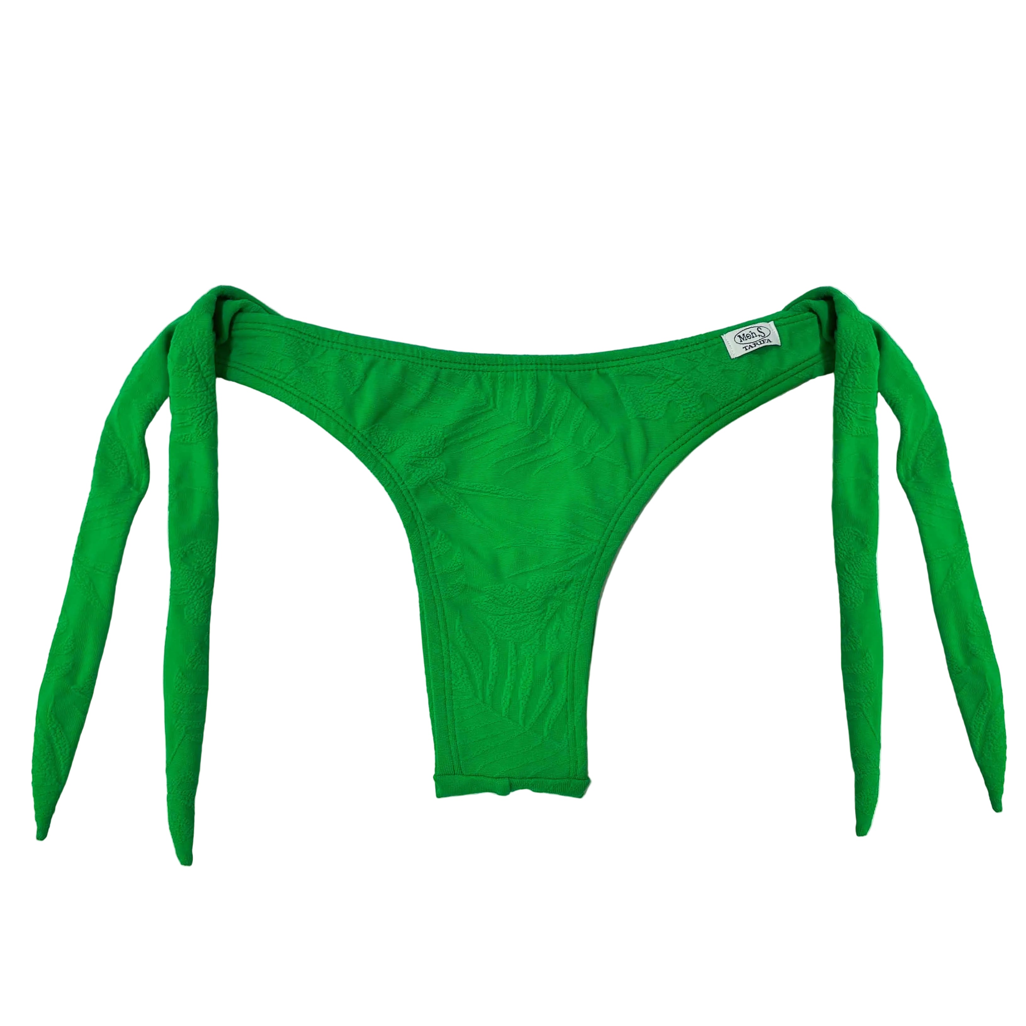 Braguita de bikini verde brillante con textura de hojas tropicales y lazos ajustables en los laterales, diseño artesanal de la marca Moh'S Tarifa.