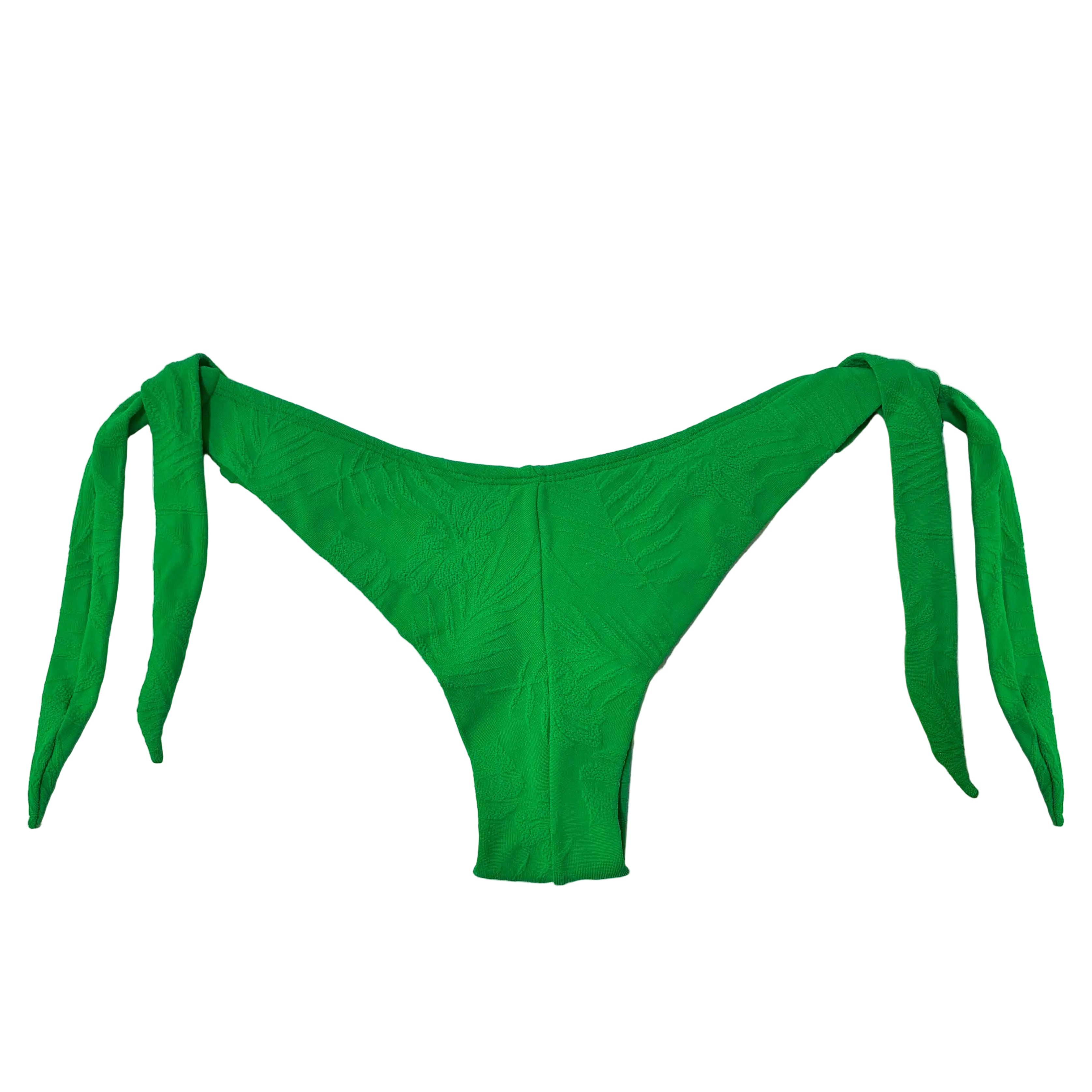 Braguita de bikini artesanal tipo semitanga en color verde con textura de hojas y lazos laterale