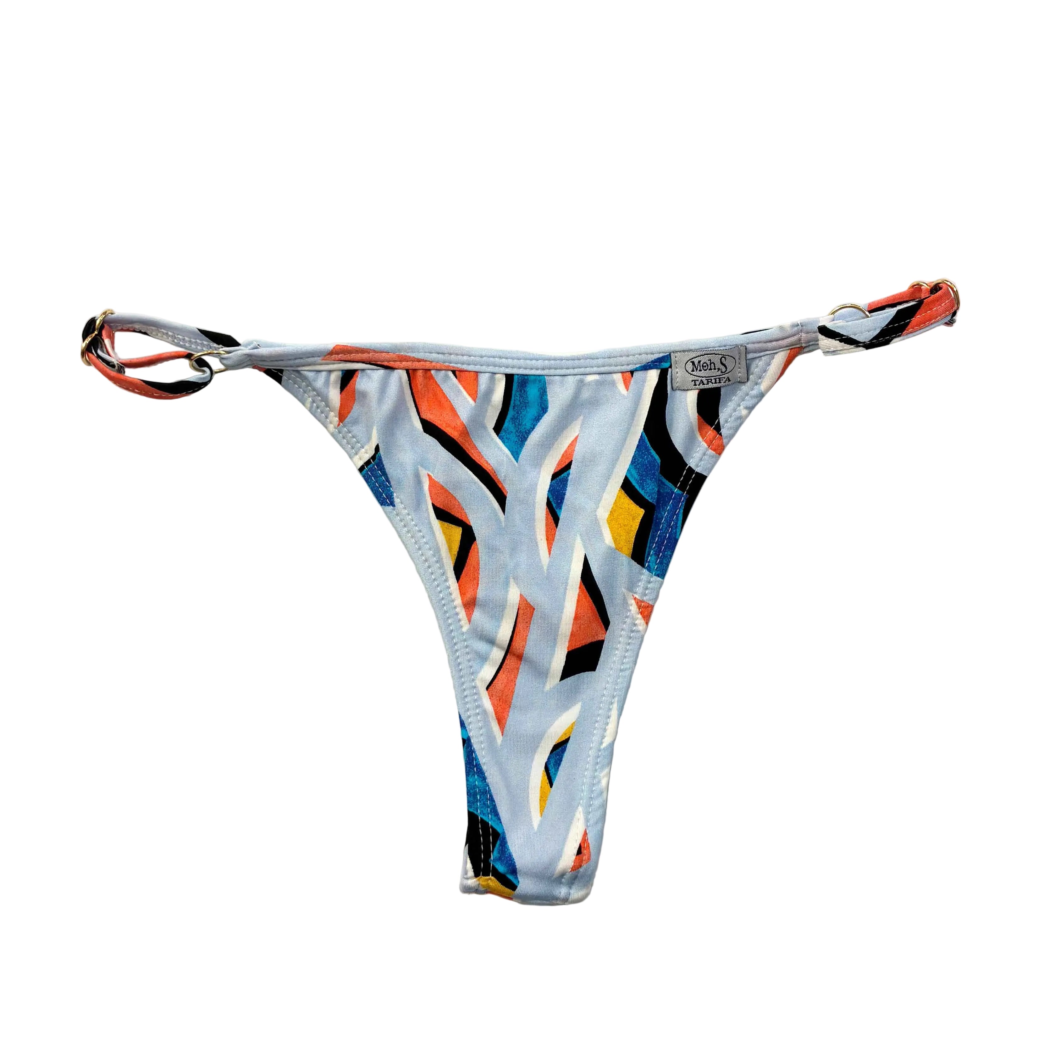 Braga de bikini tanga en rayas abstractas celestes fabricada en España,Tarifa