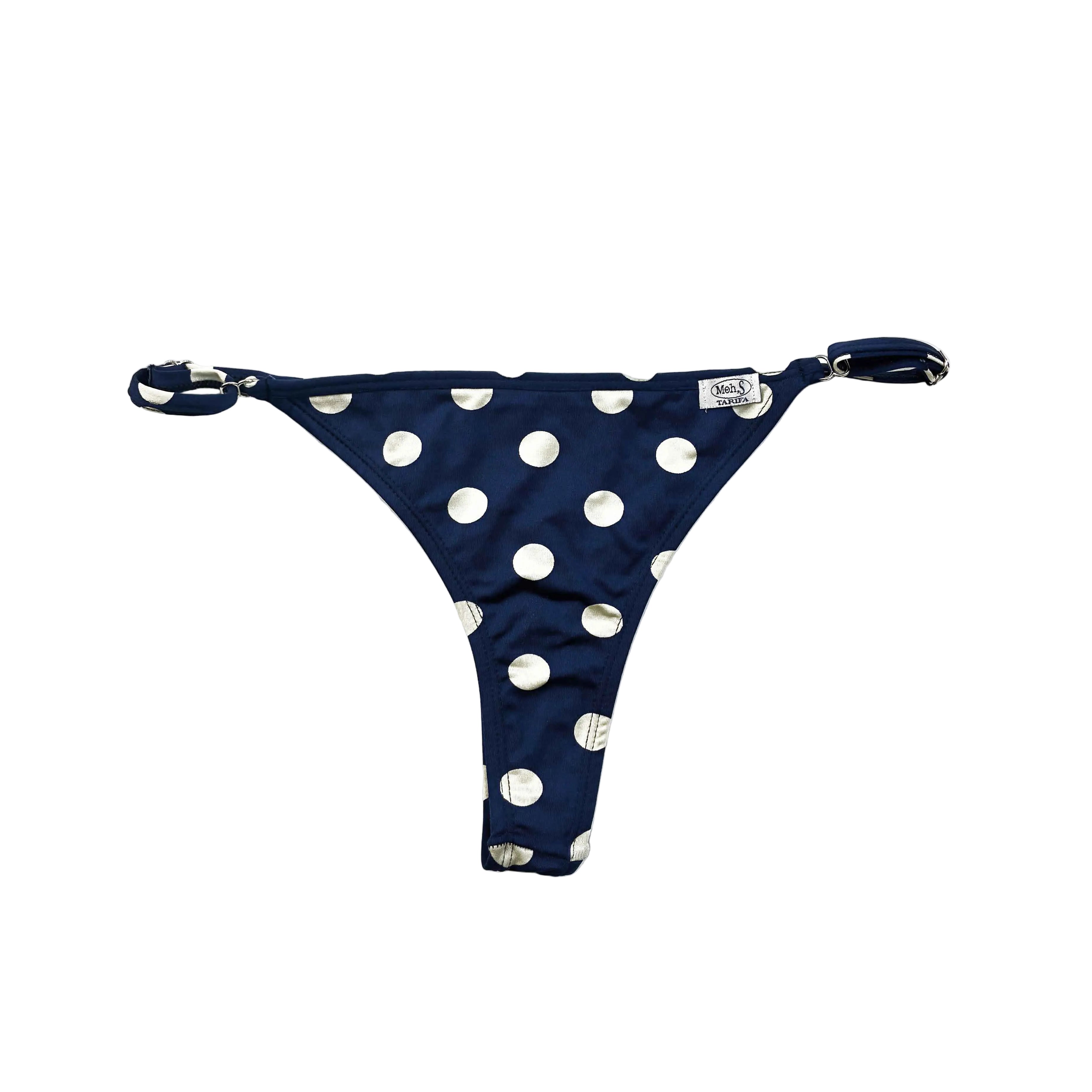 Braga de bikini de lunares blancos sobre fondo azul marino, fabricada en España, Tarifa 