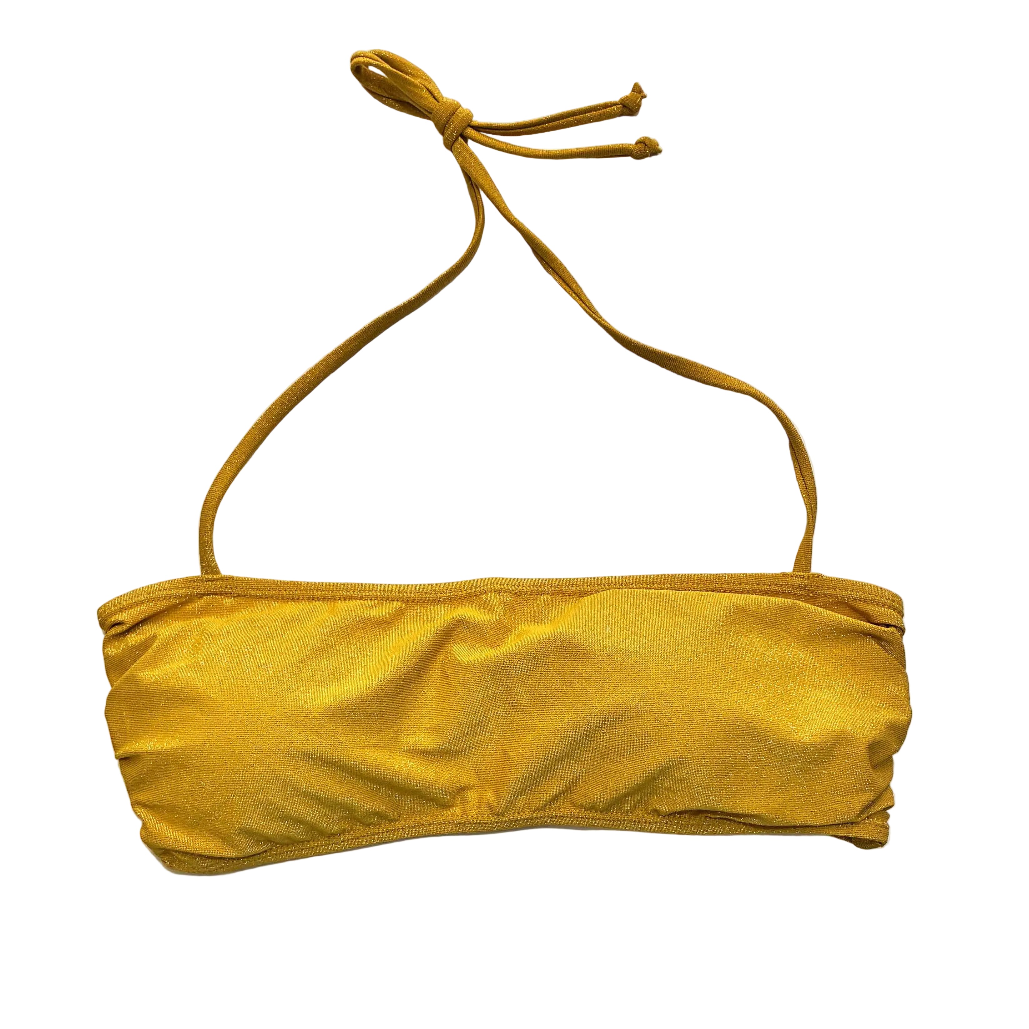 Top de bikini tipo bandeau en lurex dorado con tirantes finos y lazada ancha en la espalda.
