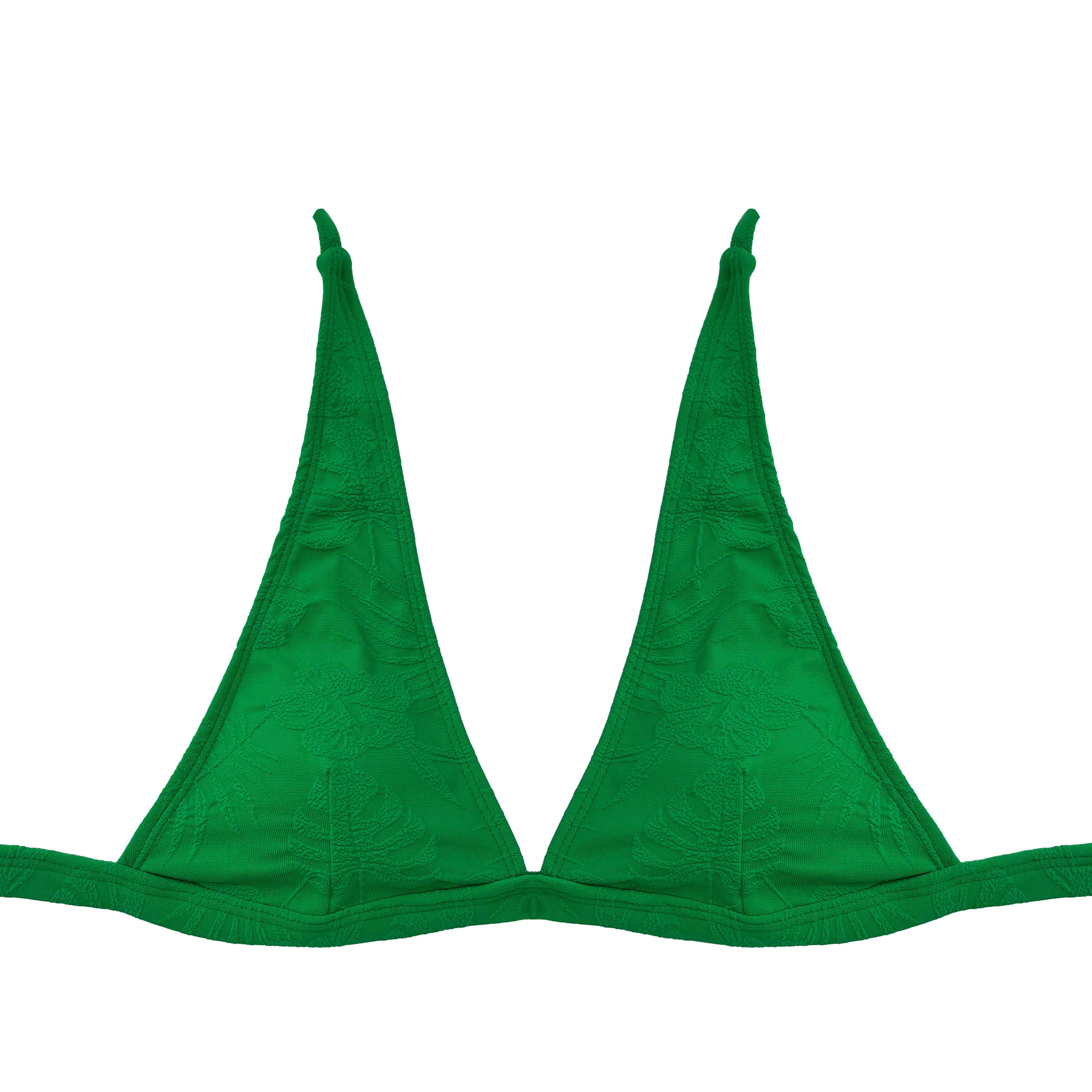 Top de bikini triangular ajustable en color verde con tejido texturizado de hojas tropicales.