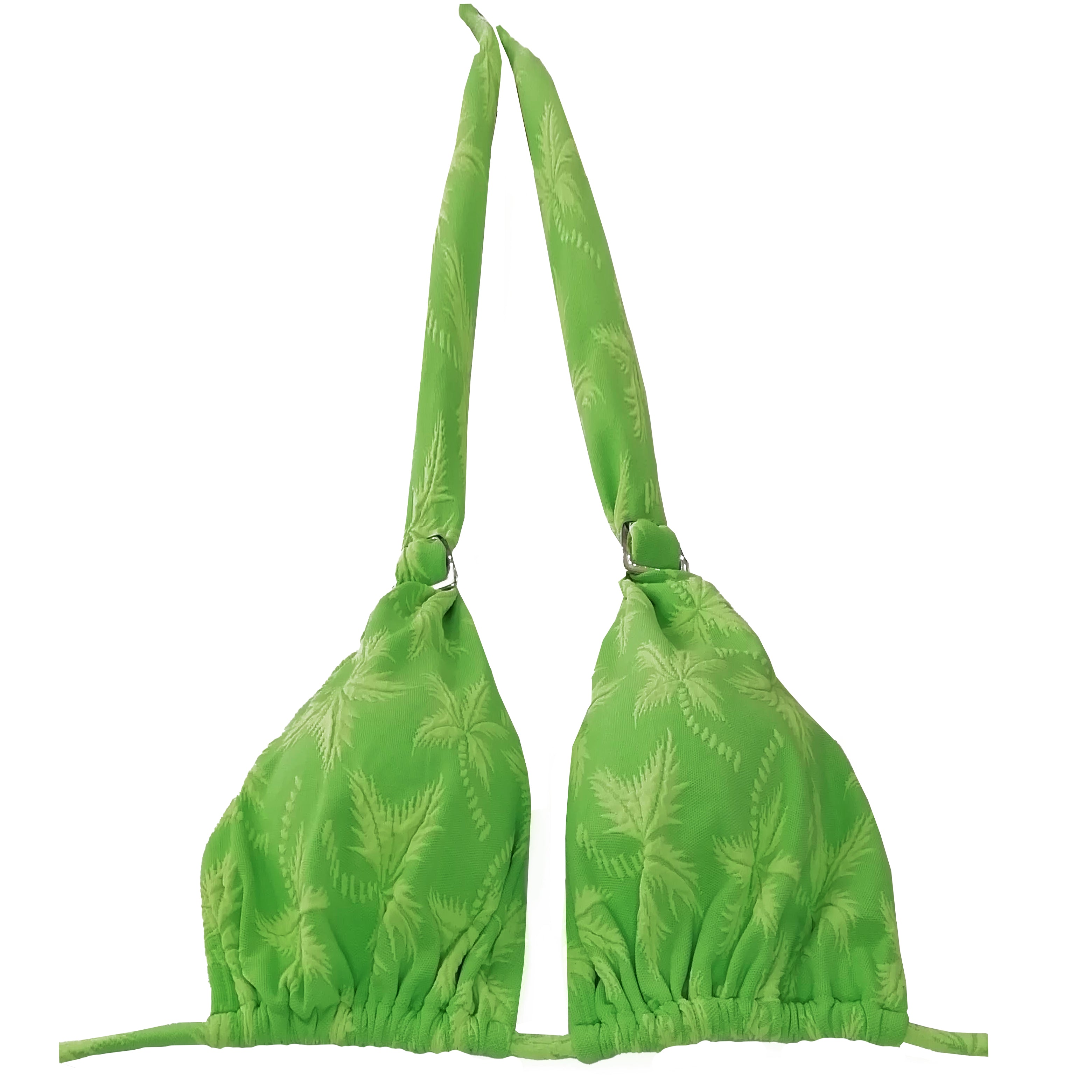 Top de bikini tipo triángulo para copa C en color verde con tejido de palmeras en relieve y detalle de hebillas metálicas en los tirantes.