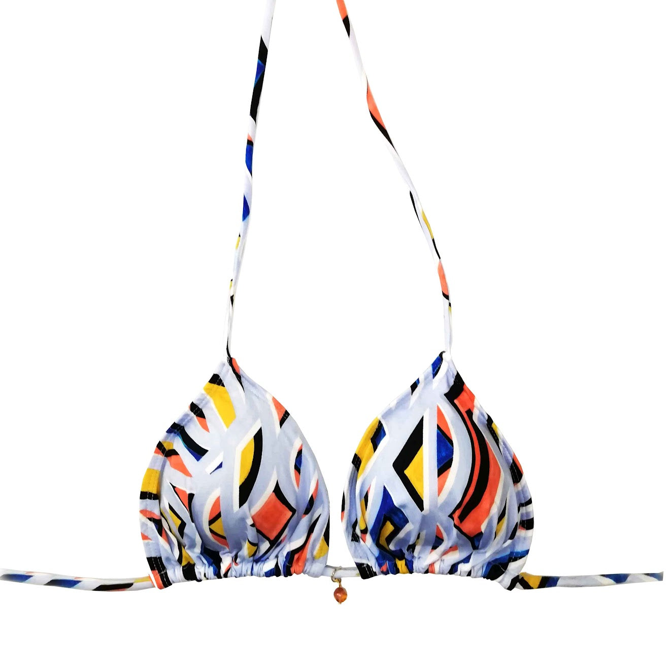 Top de bikini de triángulo cortina con estampado geométrico multicolor y detalle de piedra colgante en el centro.