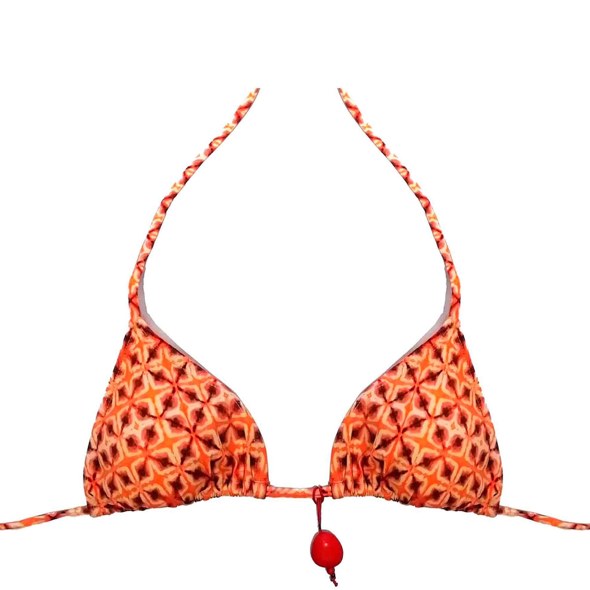 Top de bikini de triángulo tipo cortina con estampado geométrico en tonos naranja y coral, hecho a mano en Tarifa.