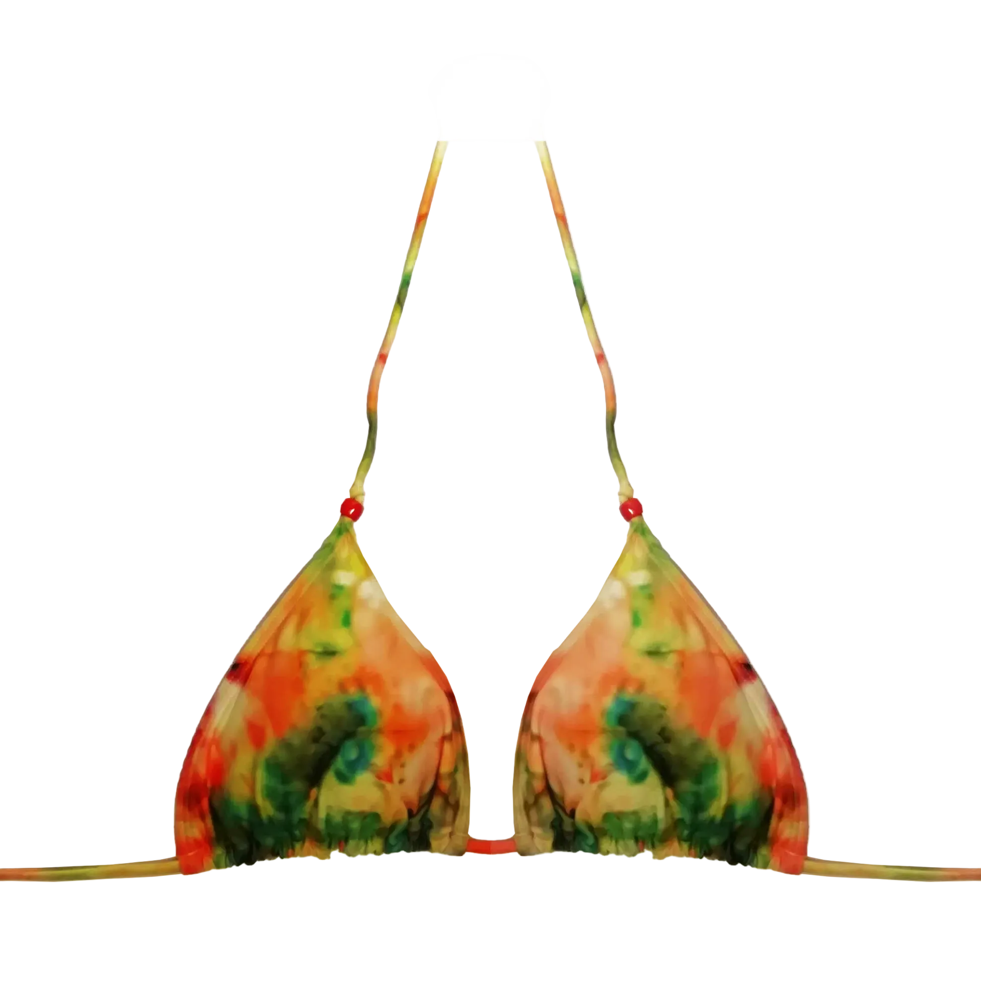 Top de bikini de triángulo tipo cortina con estampado tie-dye en tonos naranja, amarillo y verde, confeccionado artesanalmente en Tarifa.