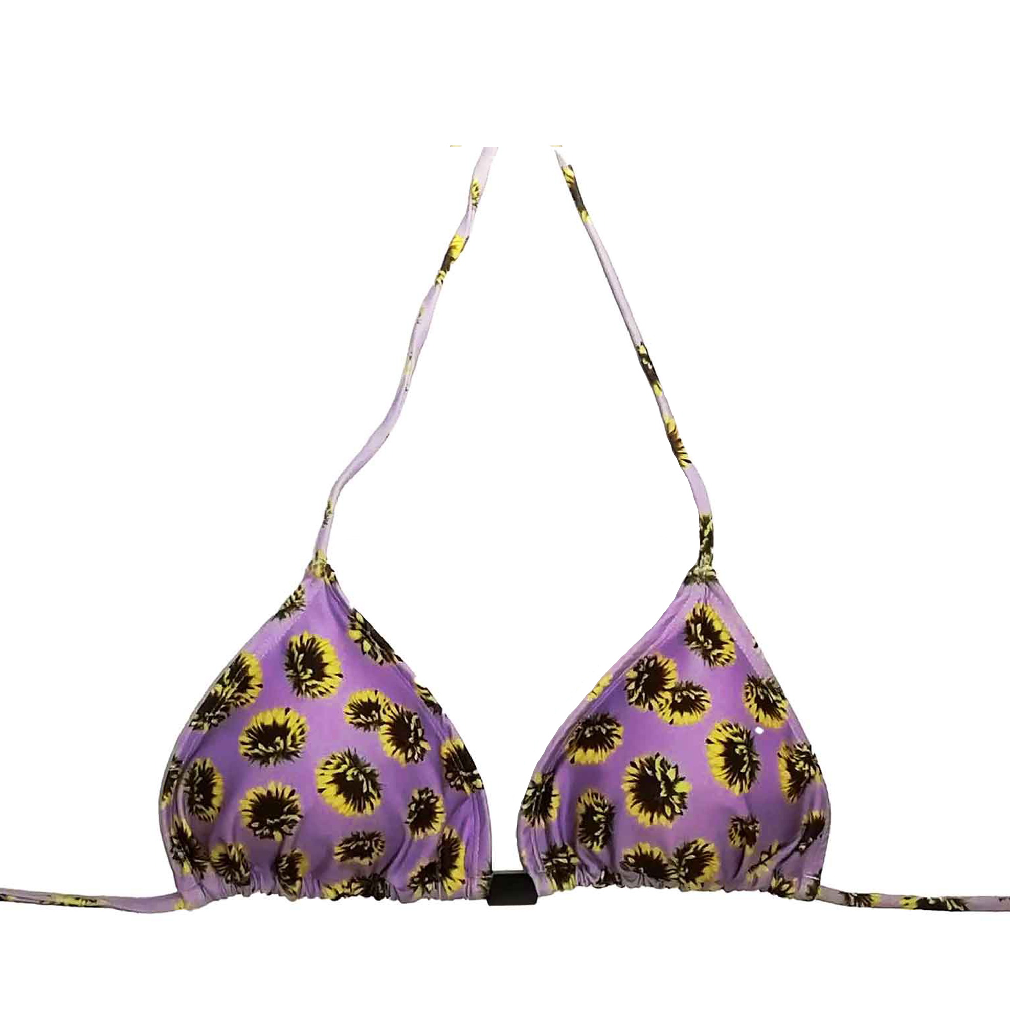 Top de bikini de triángulo tipo cortina con estampado de girasoles morado, hecho a mano en Tarifa.