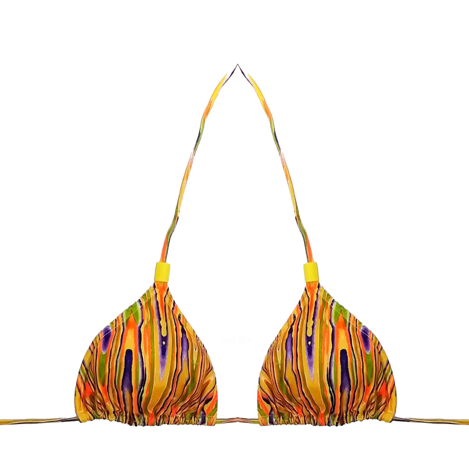 Top de bikini de triángulo con estampado psicodélico en tonos naranja, verde y morado, confeccionado artesanalmente en Tarifa.