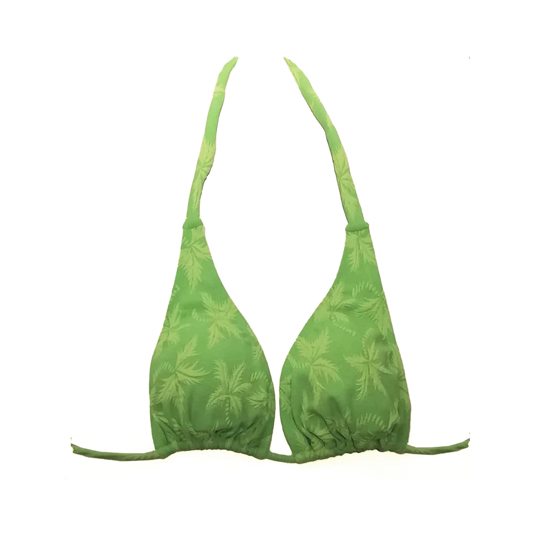 Top de bikini de triángulo con tirantes anchos de lazo al cuello en verde lima con estampado de palmeras, artesanal de Tarifa.