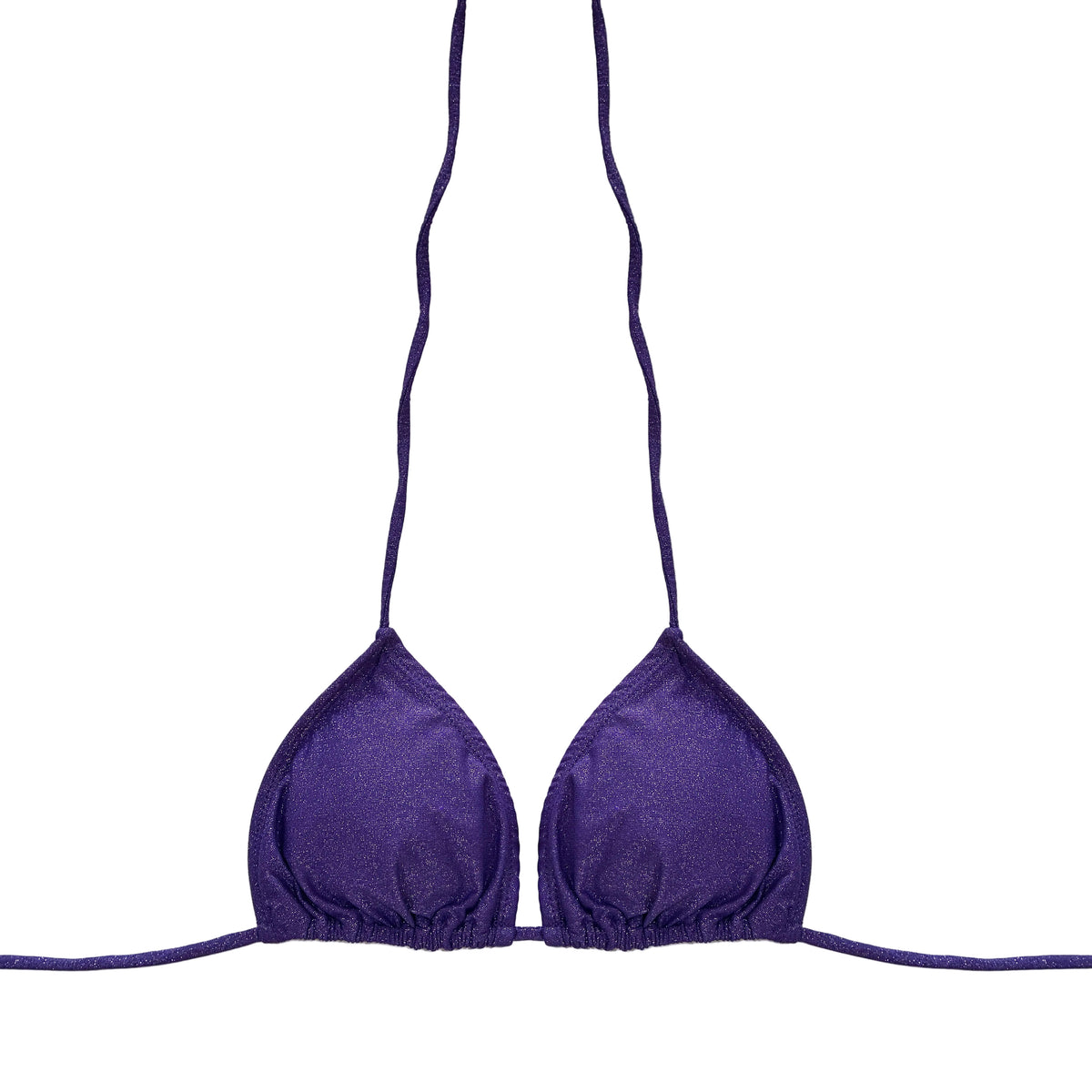 Parte superior de bikini de triángulo ajustable en tejido de lúrex de color morado brillante con detalle de cuenta decorativa y relleno extraíble.