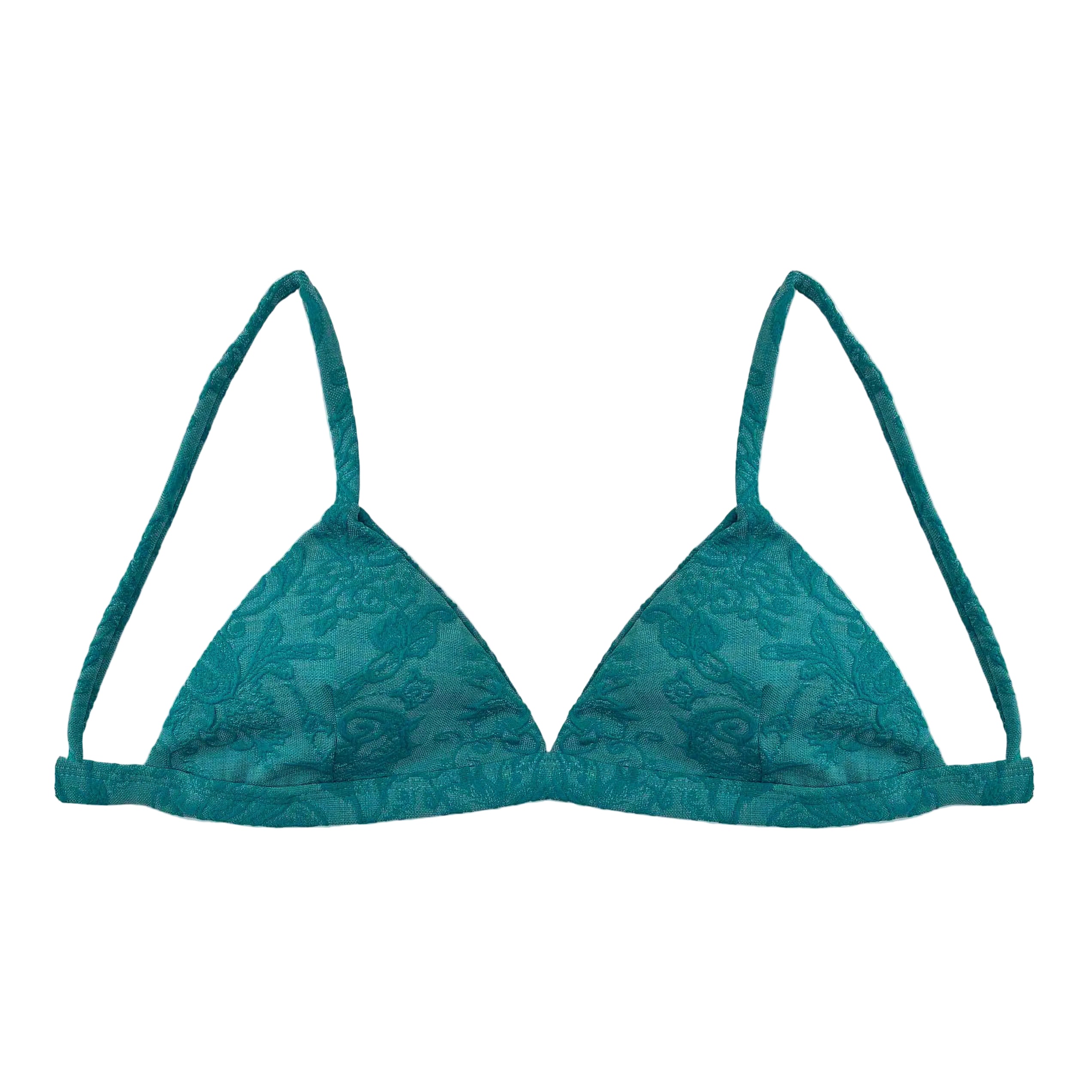 Top de bikini de corte triangular en color verde azulado con tejido de textura adamascada y relieve floral. Presenta finos tirantes fijos y una banda inferior elástica a juego.