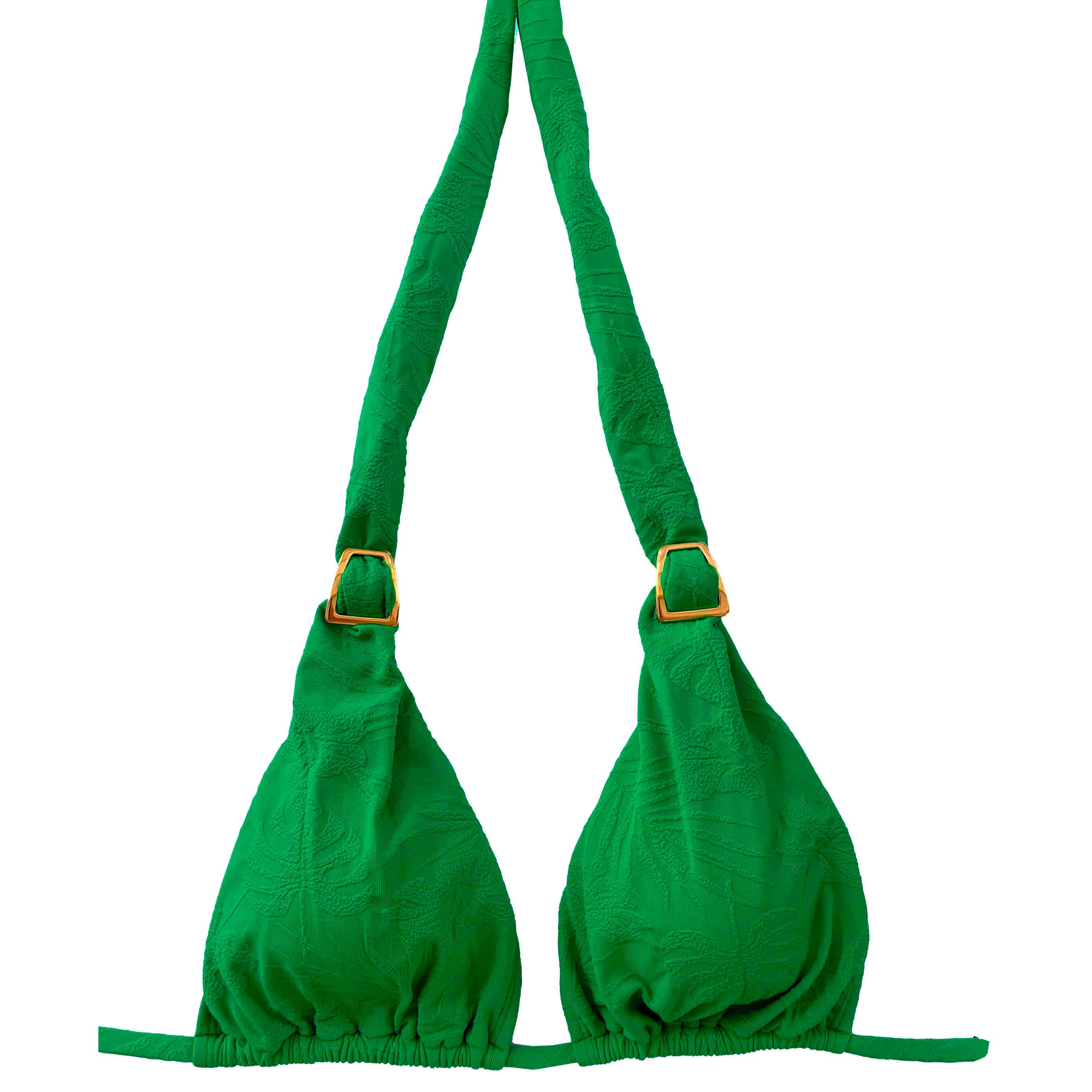 Top de bikini de triángulo para copa C en color verde esmeralda y detalle de hebillas doradas.