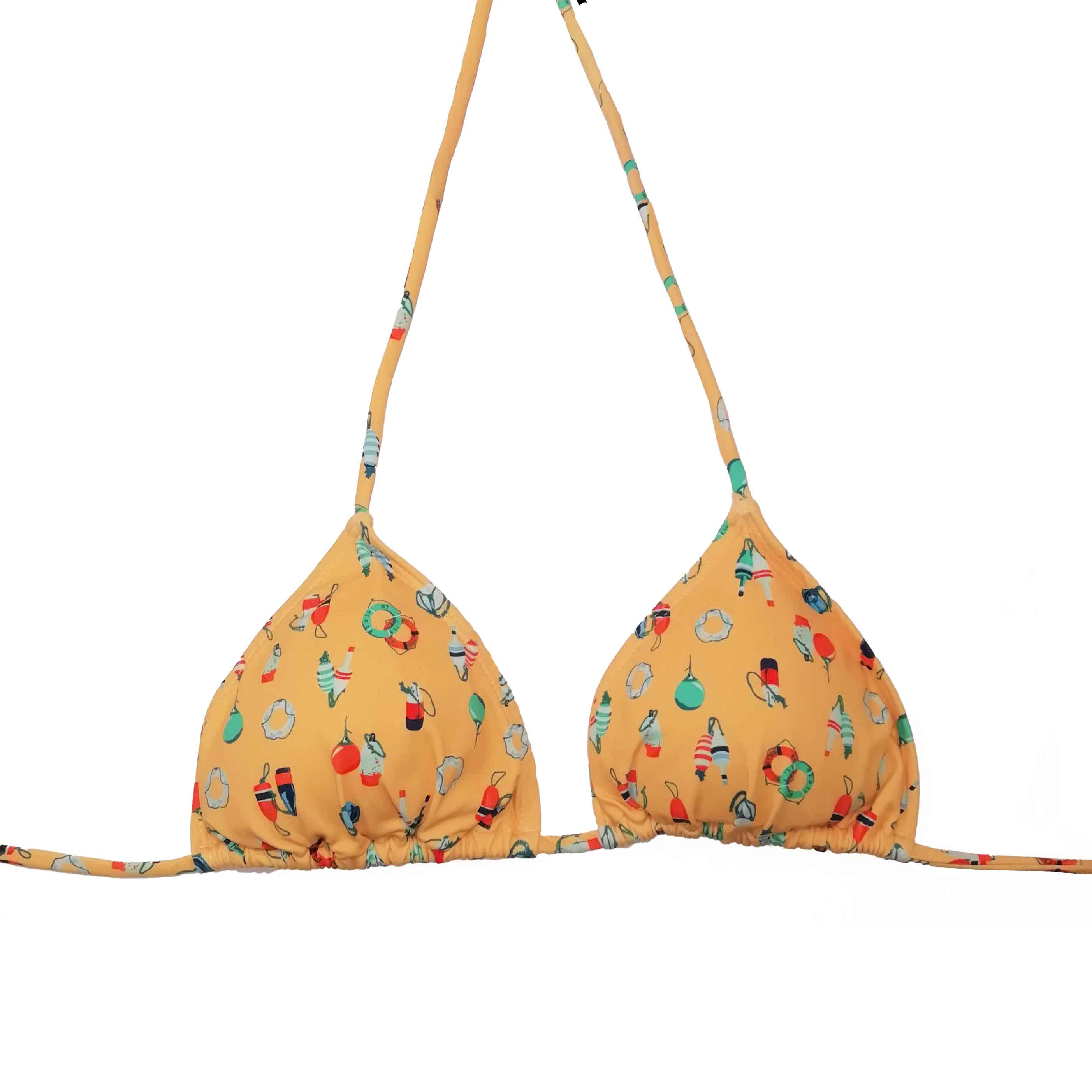 Top de bikini de triángulo tipo cortina en color melocotón liso, confeccionado artesanalmente en Tarifa.