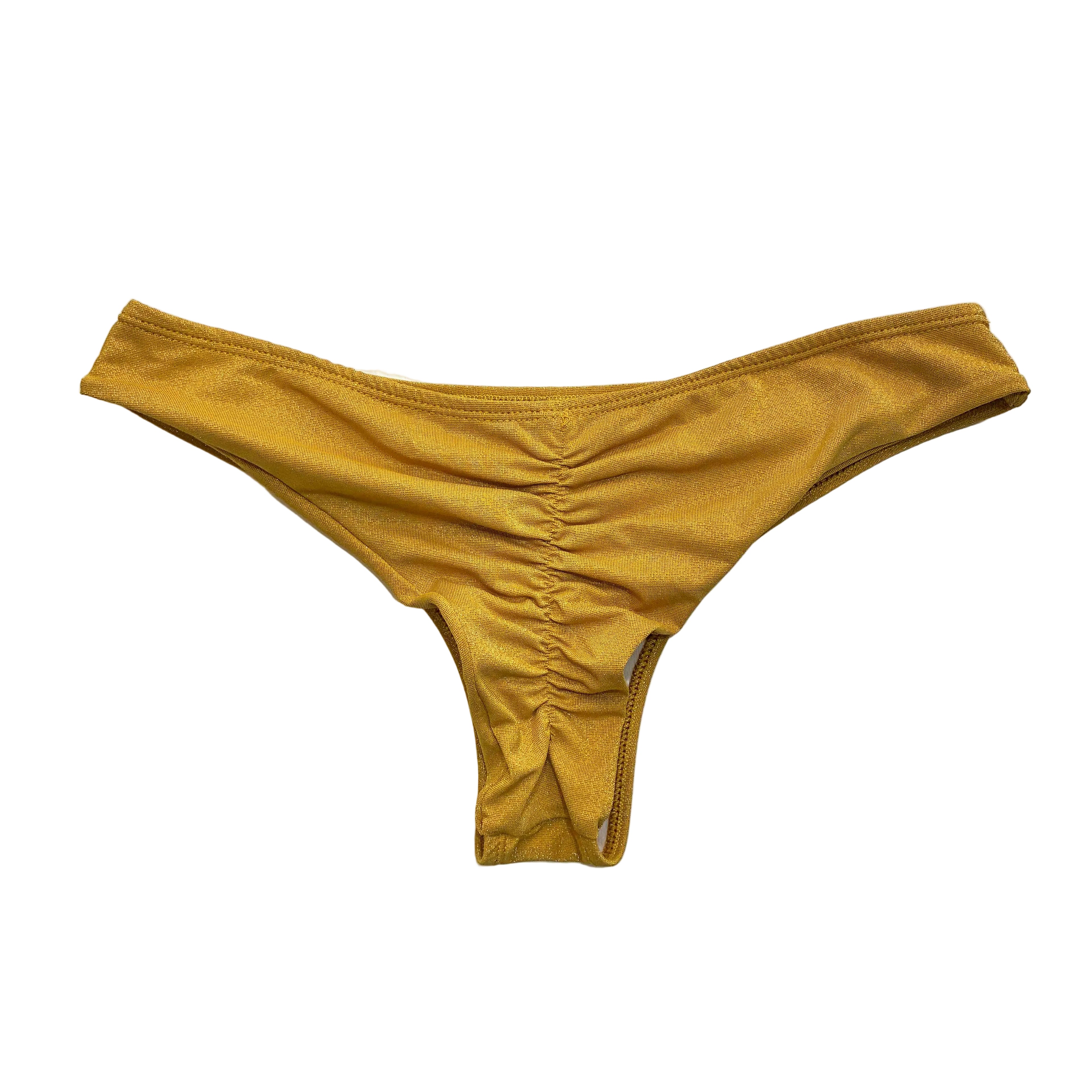 Trasero de braga de bikini semitanga en lurex dorado con rizo trasero y diseño sin costuras efecto push-up.