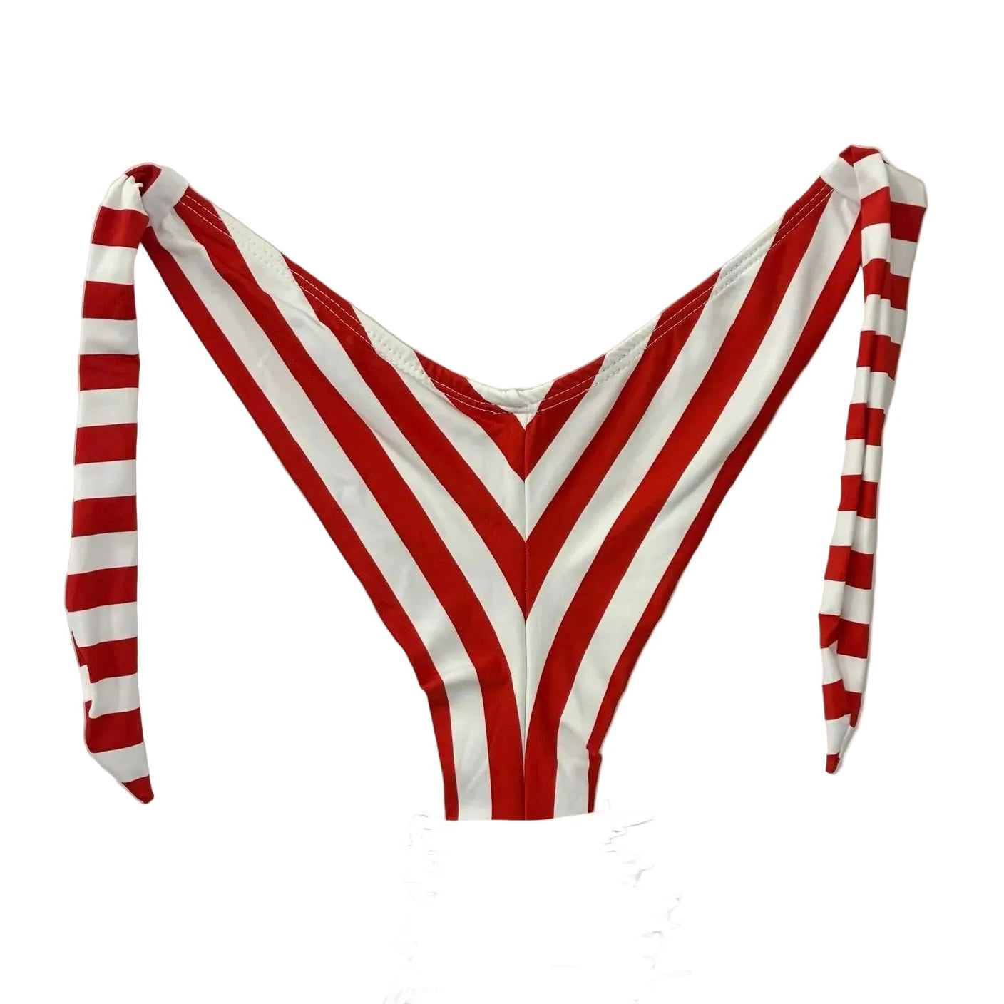 Trasera de braga de bikini semitanga con estampado de rayas diagonales rojas y blancas, ajustable con lazos laterales, diseñada en Tarifa.