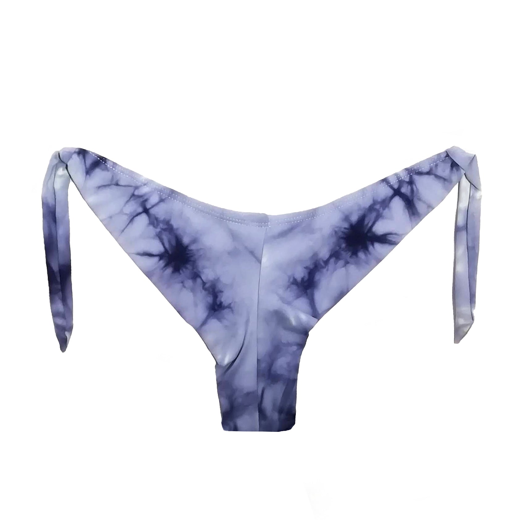 trasera-de-braga de bikini semitanga ajustable con lazos laterales y estampado tie-dye azul, hecha a mano en Tarifa.