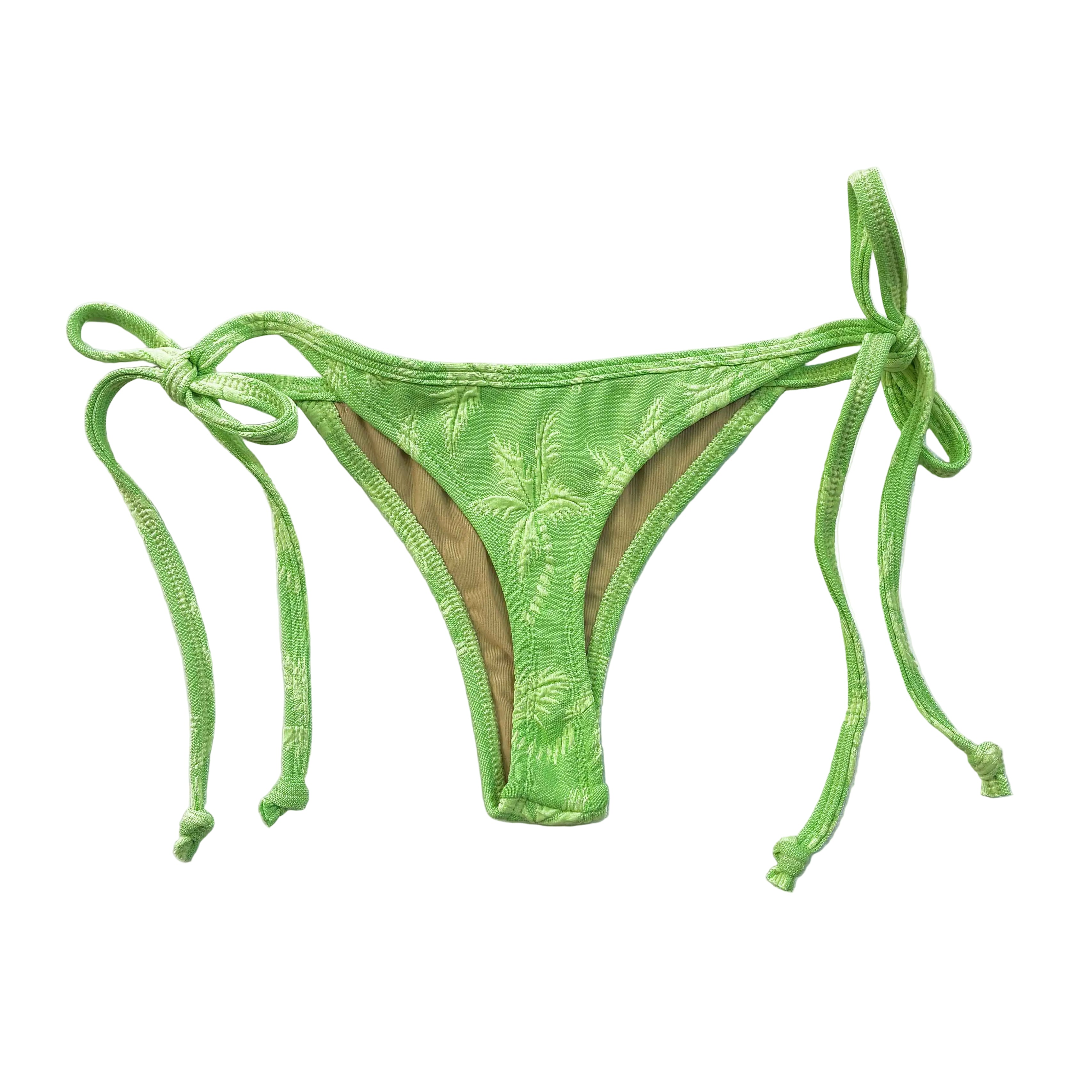 Parte trasera de braga tanga atada con tiras confeccionada en Tarifa con lycra textuturada verde Lima